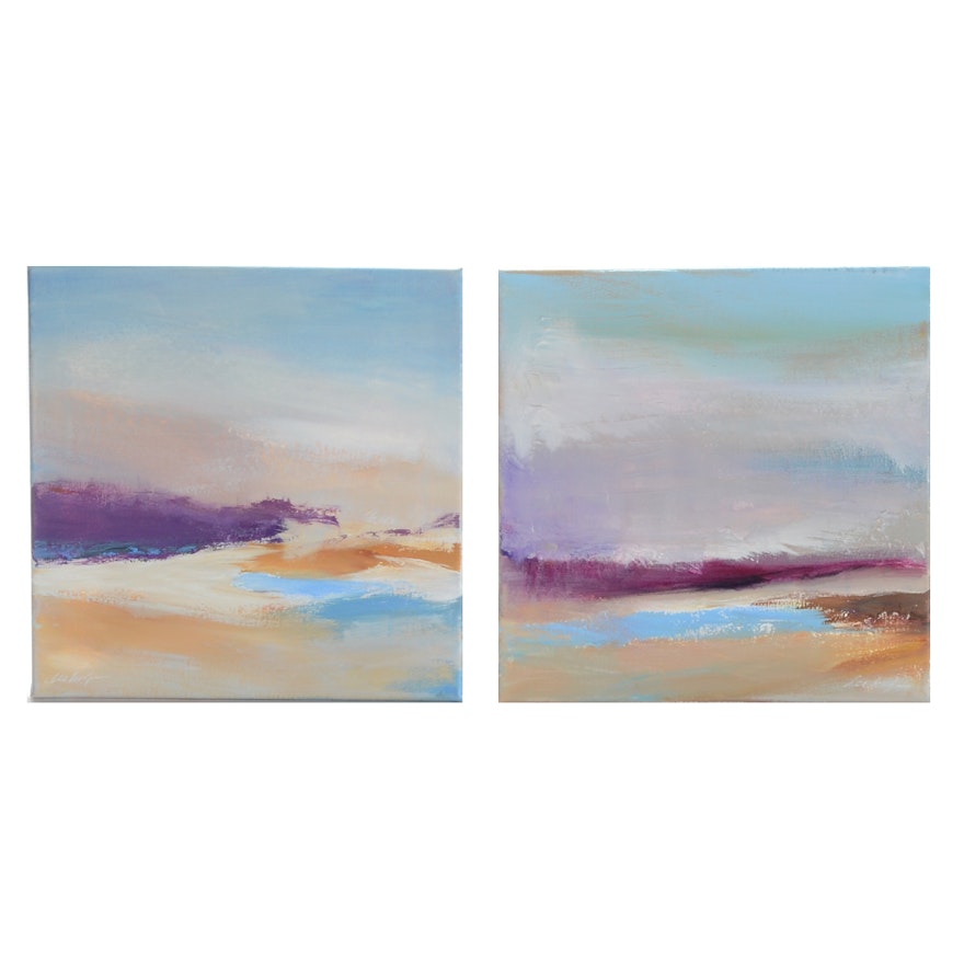 Two Lee Hafer Abstract Acrylic Paintings on Canvas "Horizon Lines I and II"