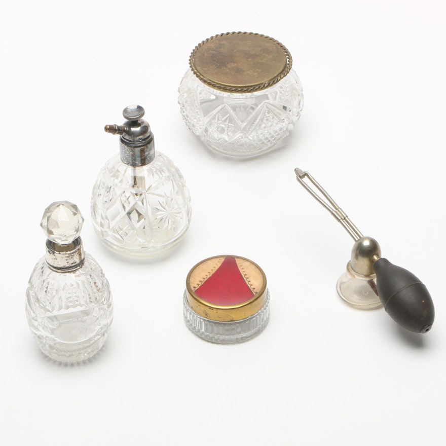 Glass and Crystal Perfume Bottles Featuring a Birmingham Sterling Silver Rim
