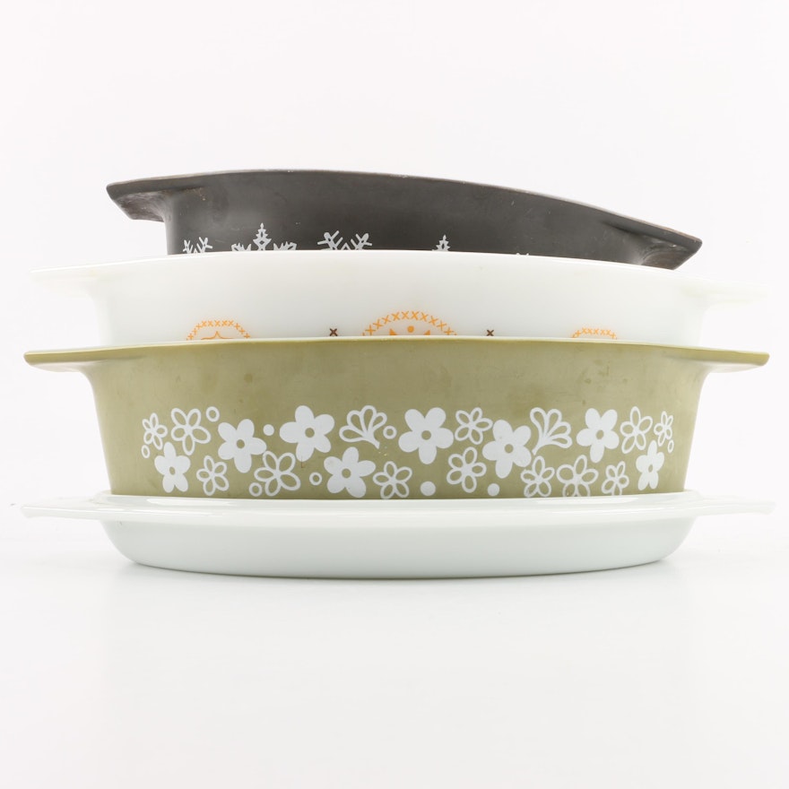 Vintage Pyrex Dishes in "Snowflake", "Town and Country" and "Spring Blossom"