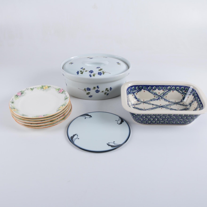 Dansk and Boleslawiec Bakeware with Crown Potteries Plates