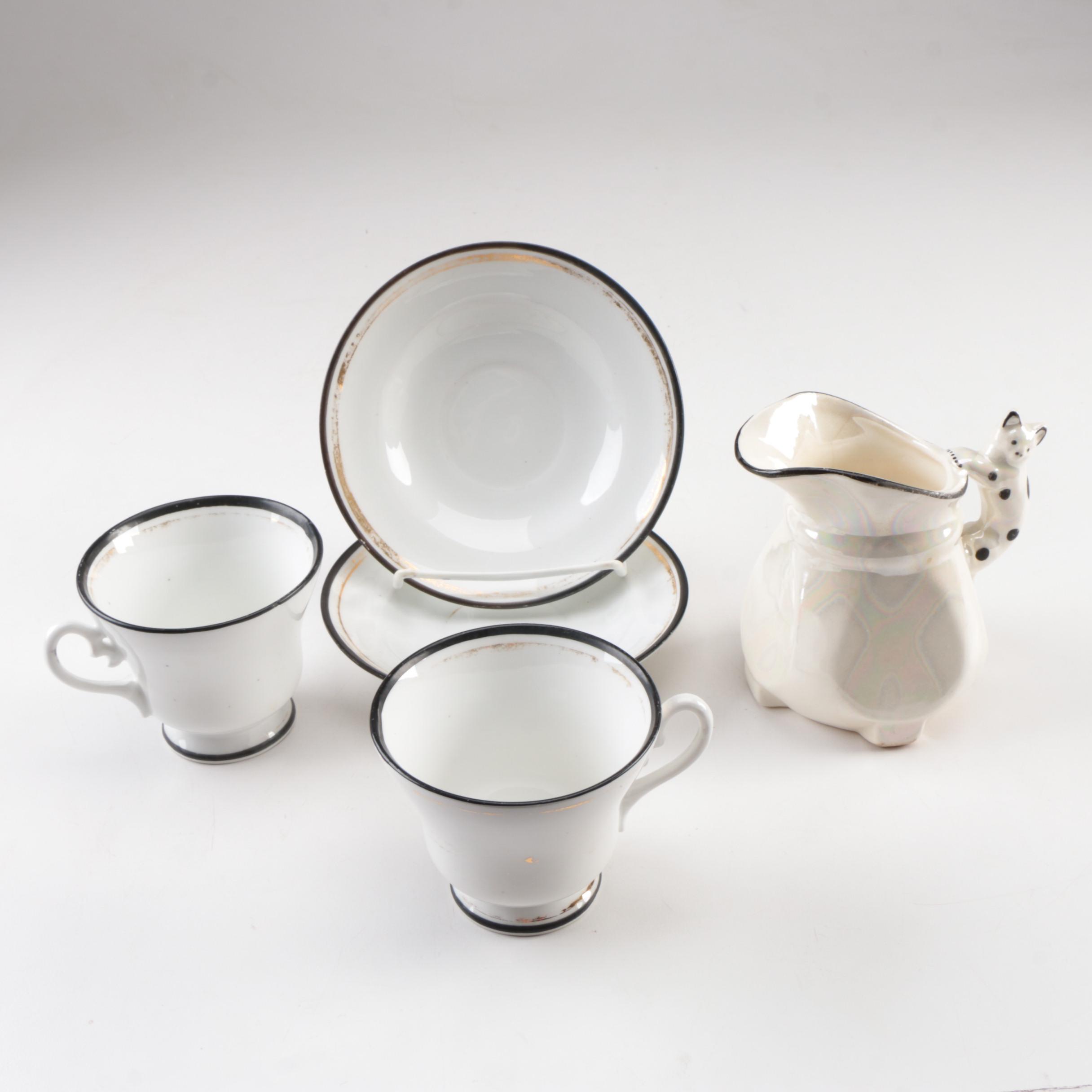 Antique Carl Tielsch Tableware and Lustre Creamer with Cat Handle