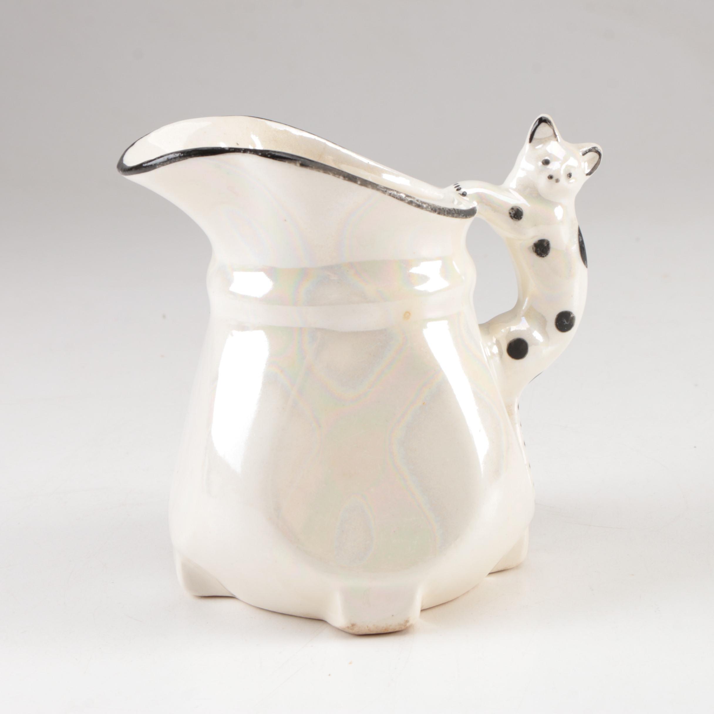 Antique Carl Tielsch Tableware and Lustre Creamer with Cat Handle