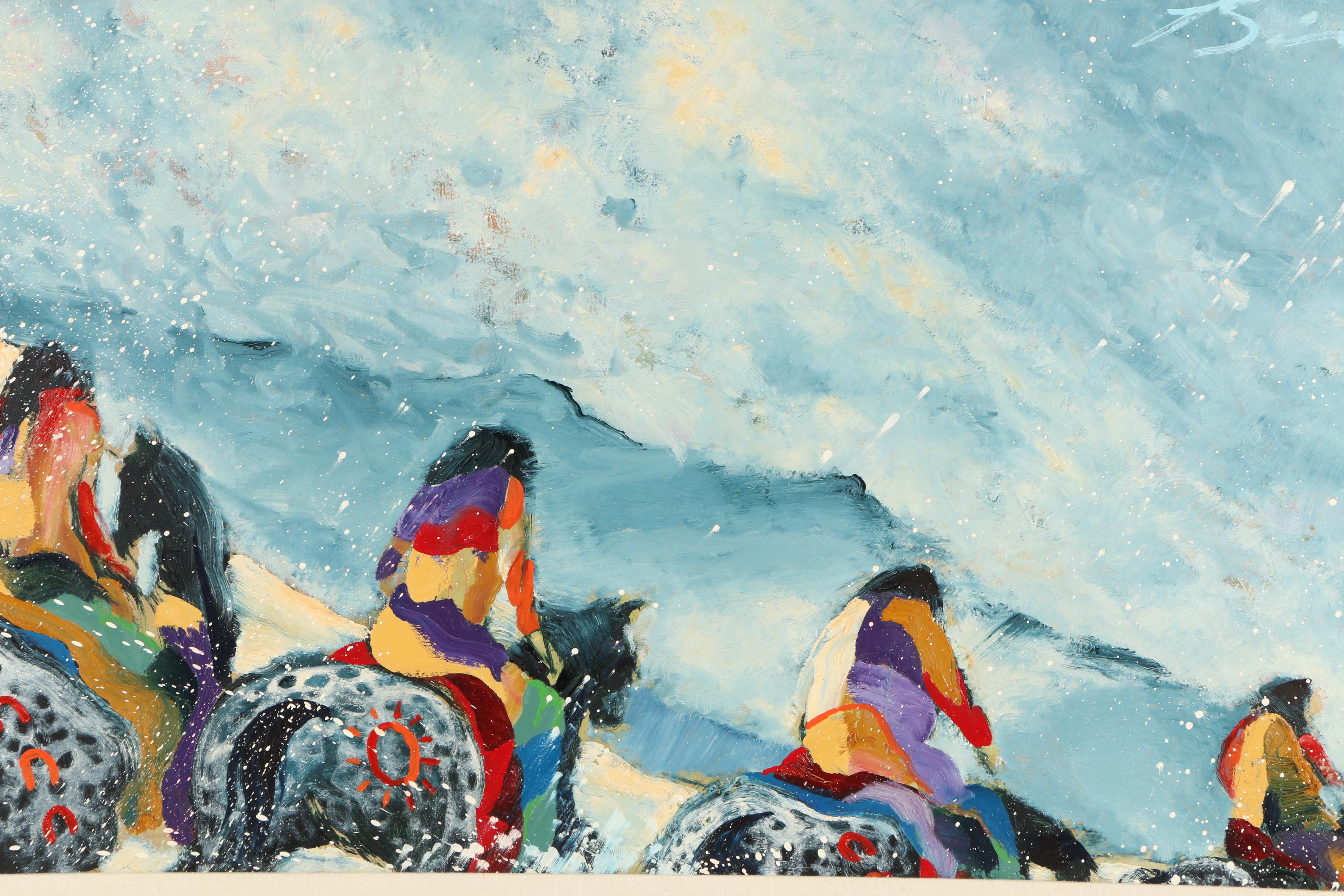 Earl Biss Circa 1980s Oil Painting "Winter Outing"