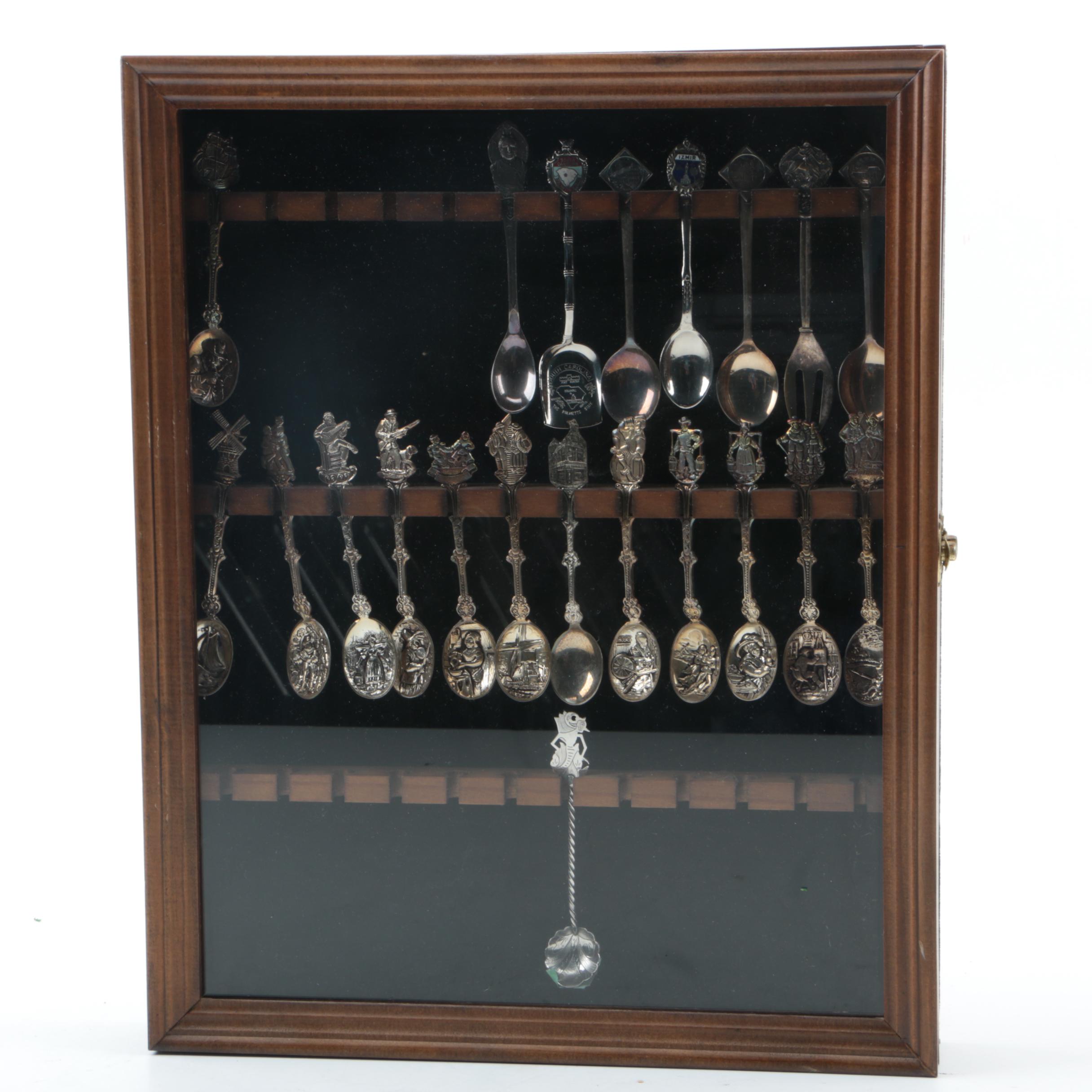 Collection of Silver Plate Souvenir Spoons and 800 Silver Spoon in Wooden Case