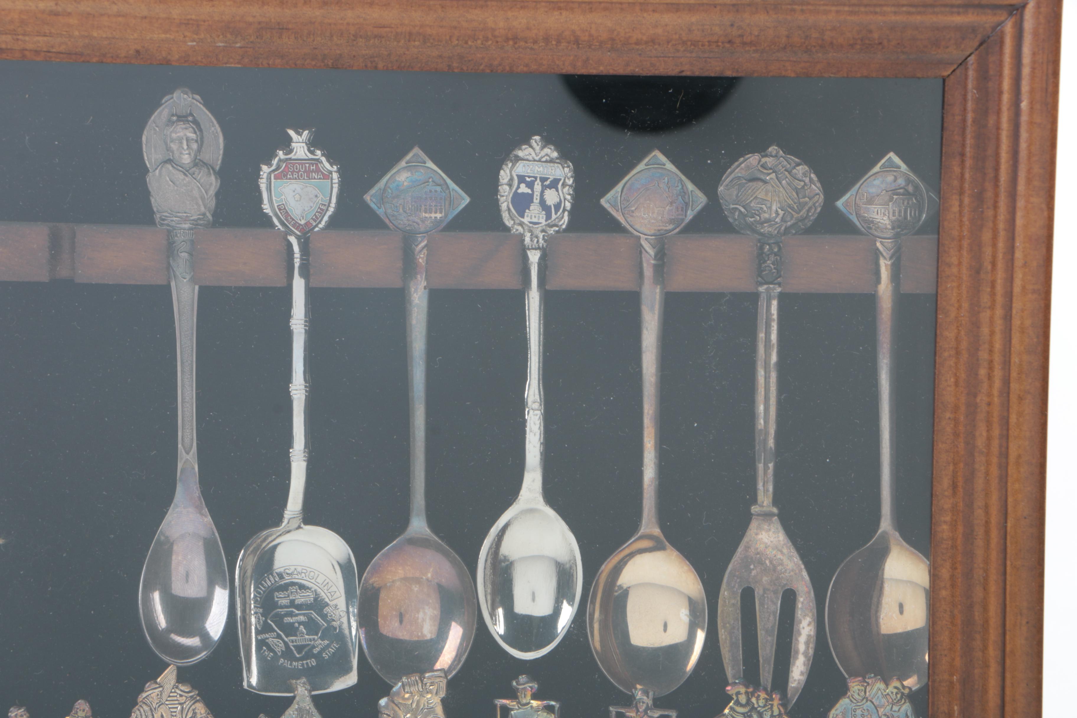 Collection of Silver Plate Souvenir Spoons and 800 Silver Spoon in Wooden Case