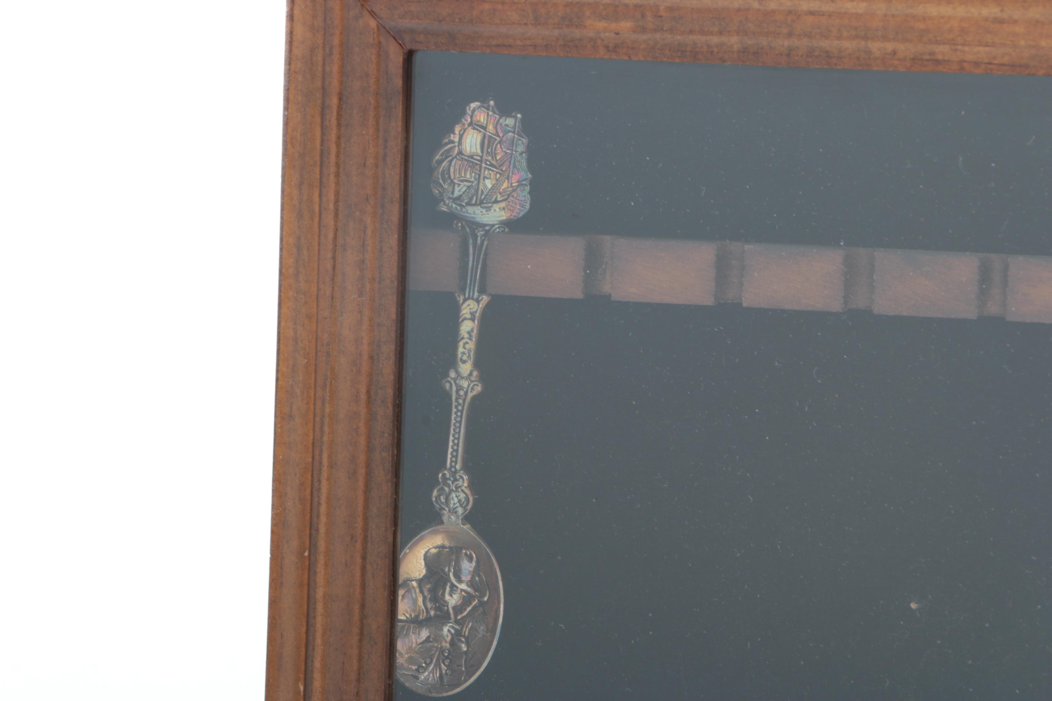 Collection of Silver Plate Souvenir Spoons and 800 Silver Spoon in Wooden Case