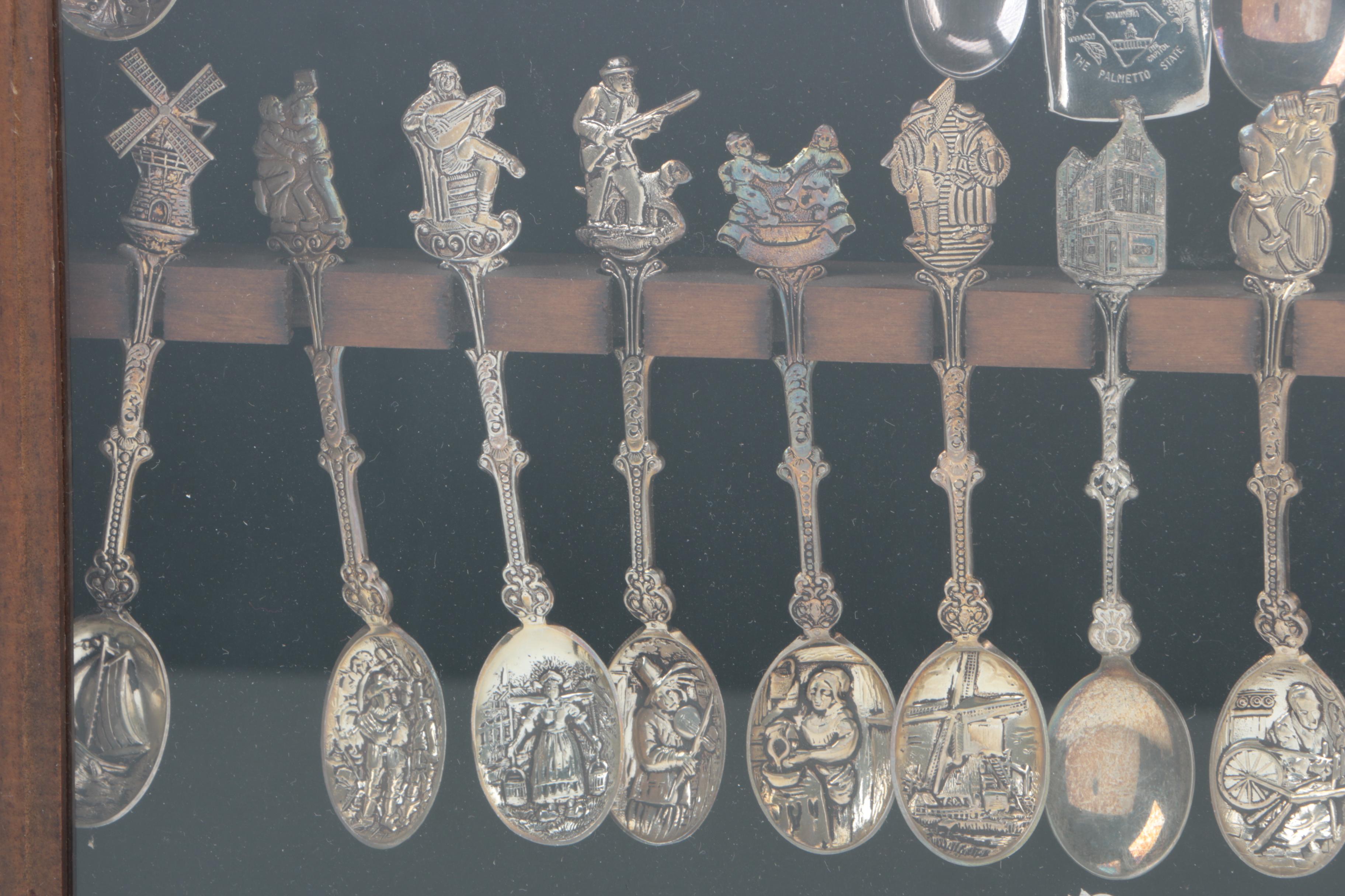 Collection of Silver Plate Souvenir Spoons and 800 Silver Spoon in Wooden Case