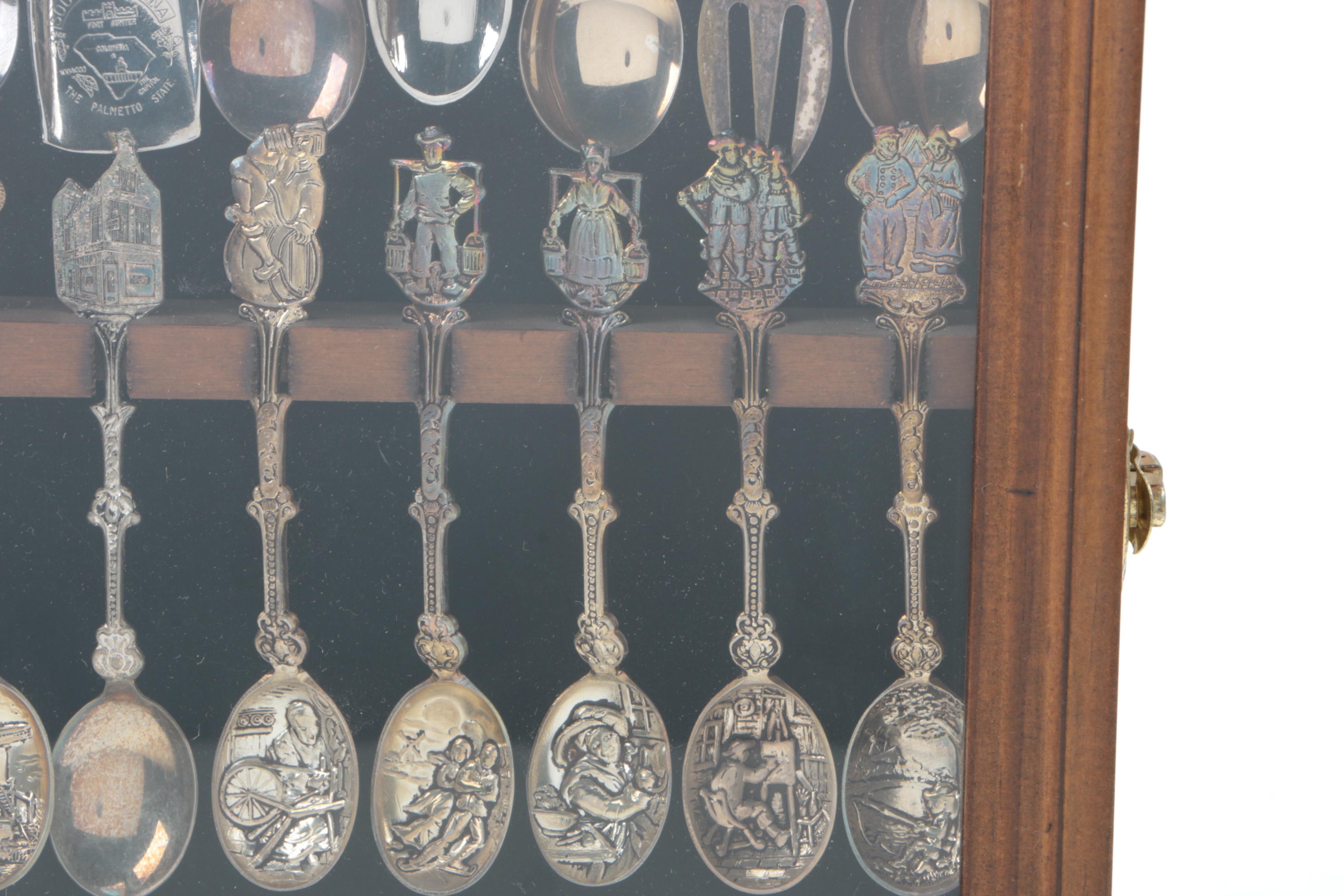 Collection of Silver Plate Souvenir Spoons and 800 Silver Spoon in Wooden Case