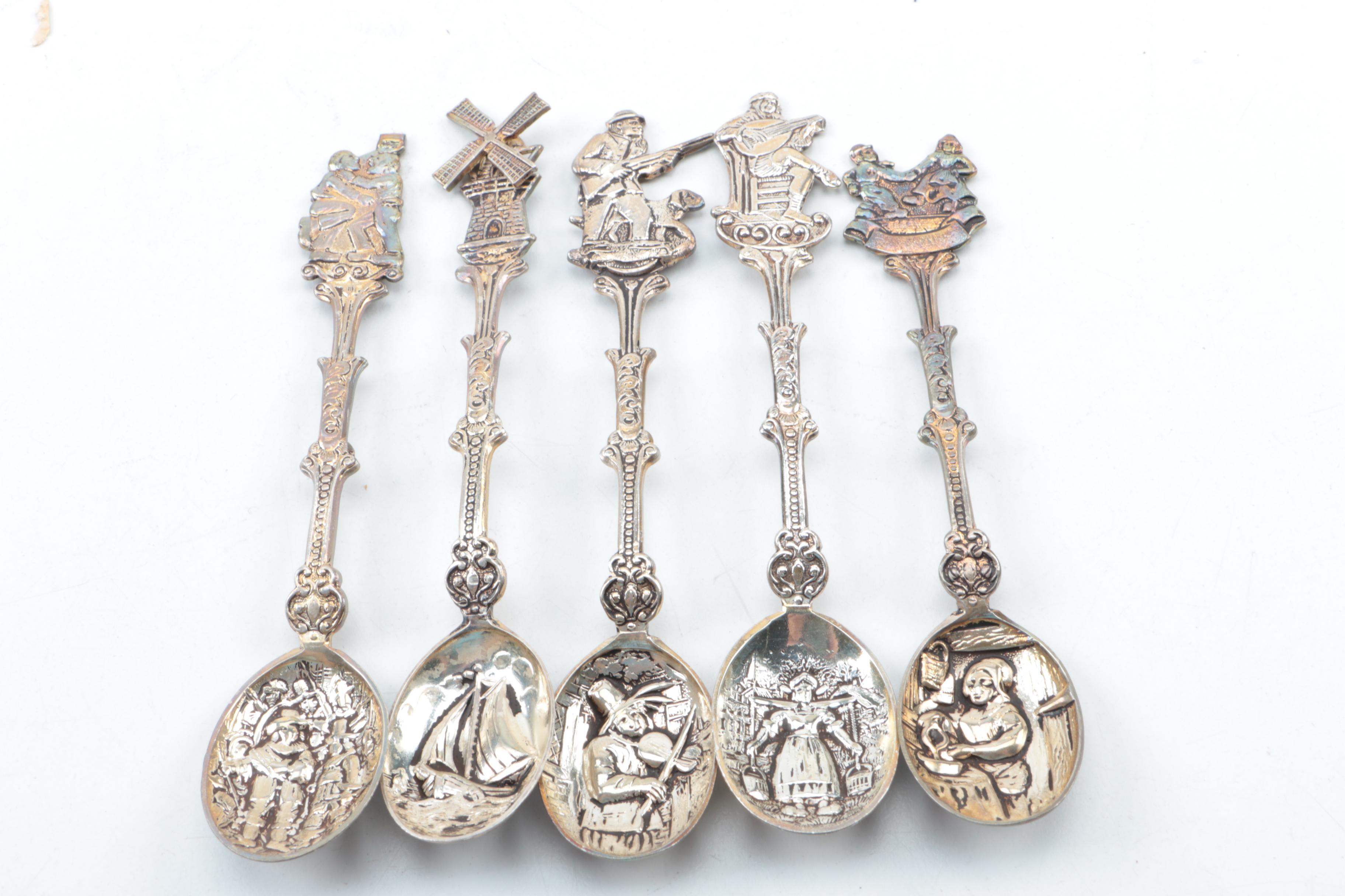 Collection of Silver Plate Souvenir Spoons and 800 Silver Spoon in Wooden Case