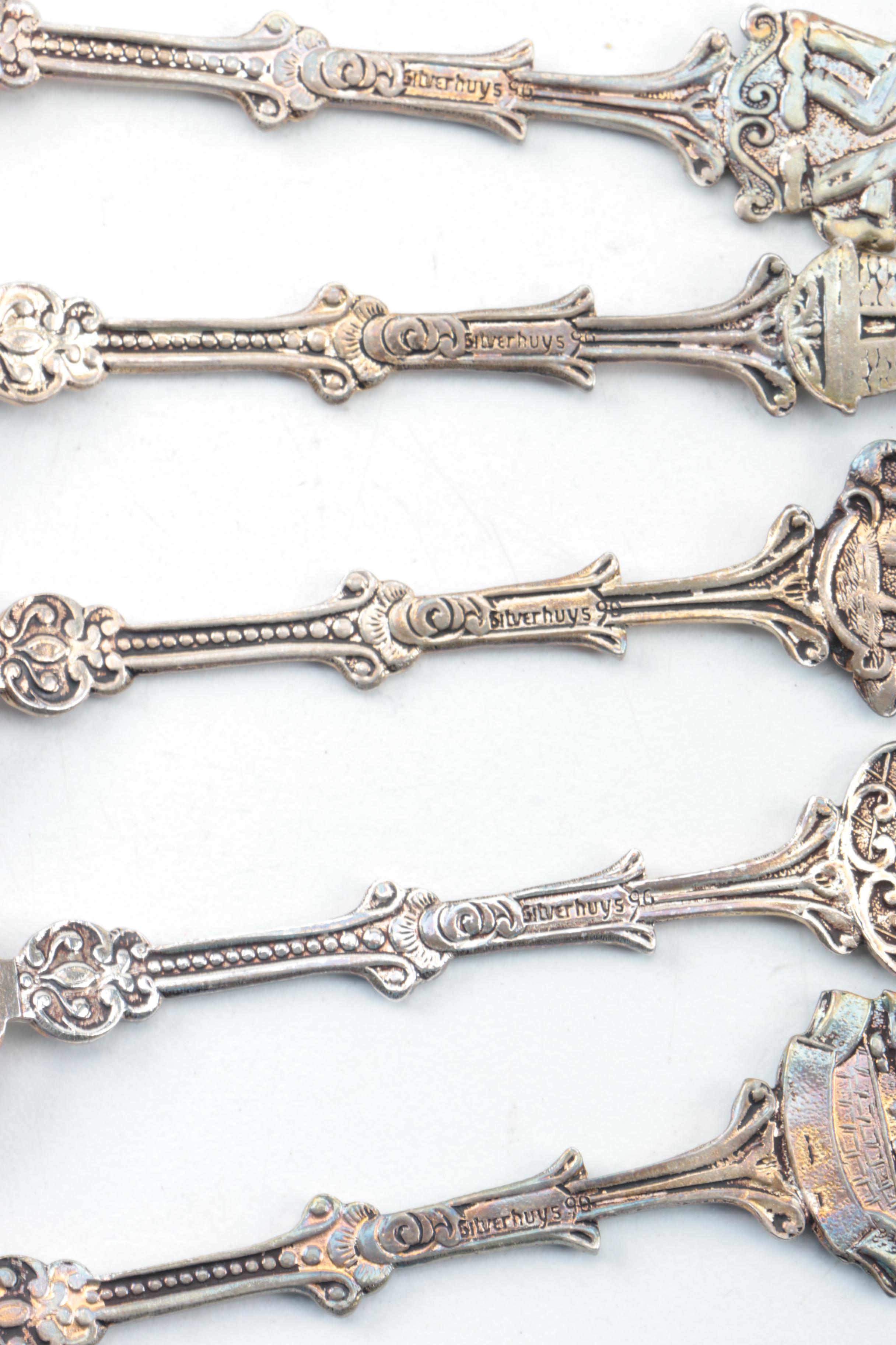 Collection of Silver Plate Souvenir Spoons and 800 Silver Spoon in Wooden Case