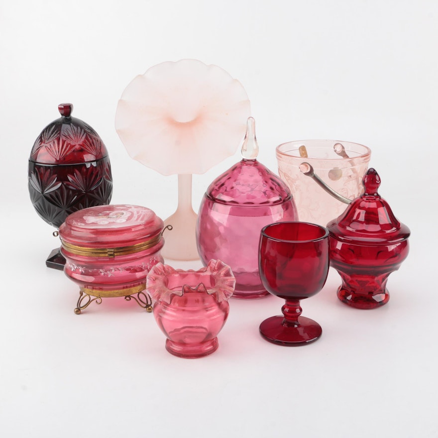 Victorian Cranberry Mary Gregory Glass Dresser Jar and Vase with Glassware