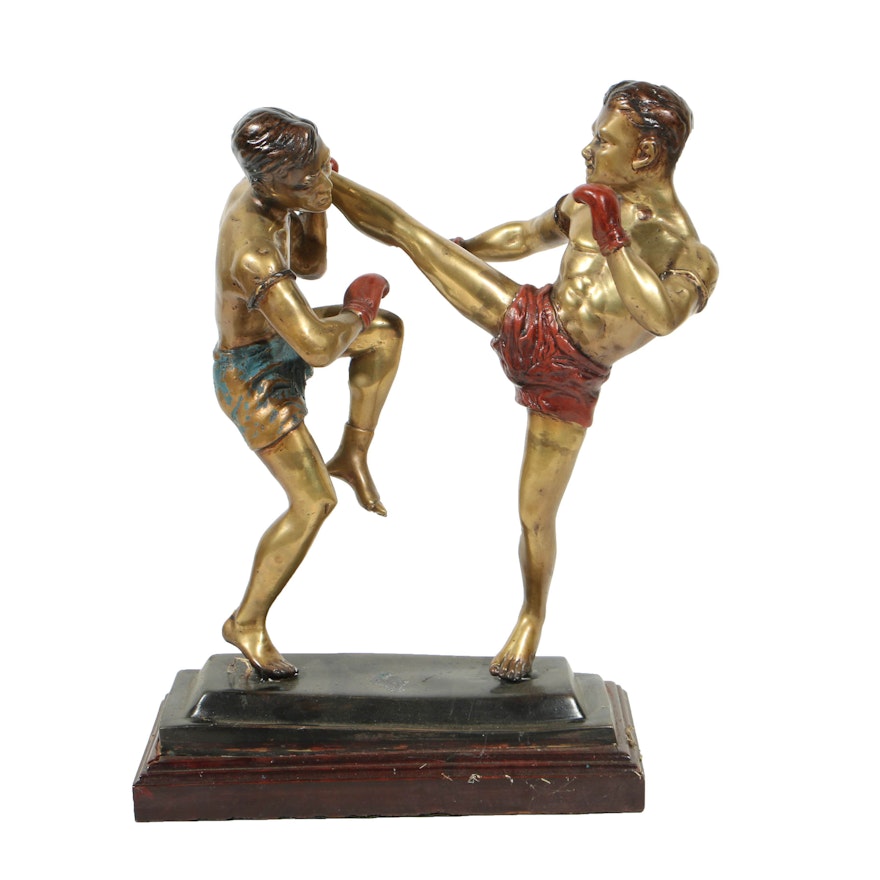 Cold Painted Brass Sculpture of Muay Thai Boxers