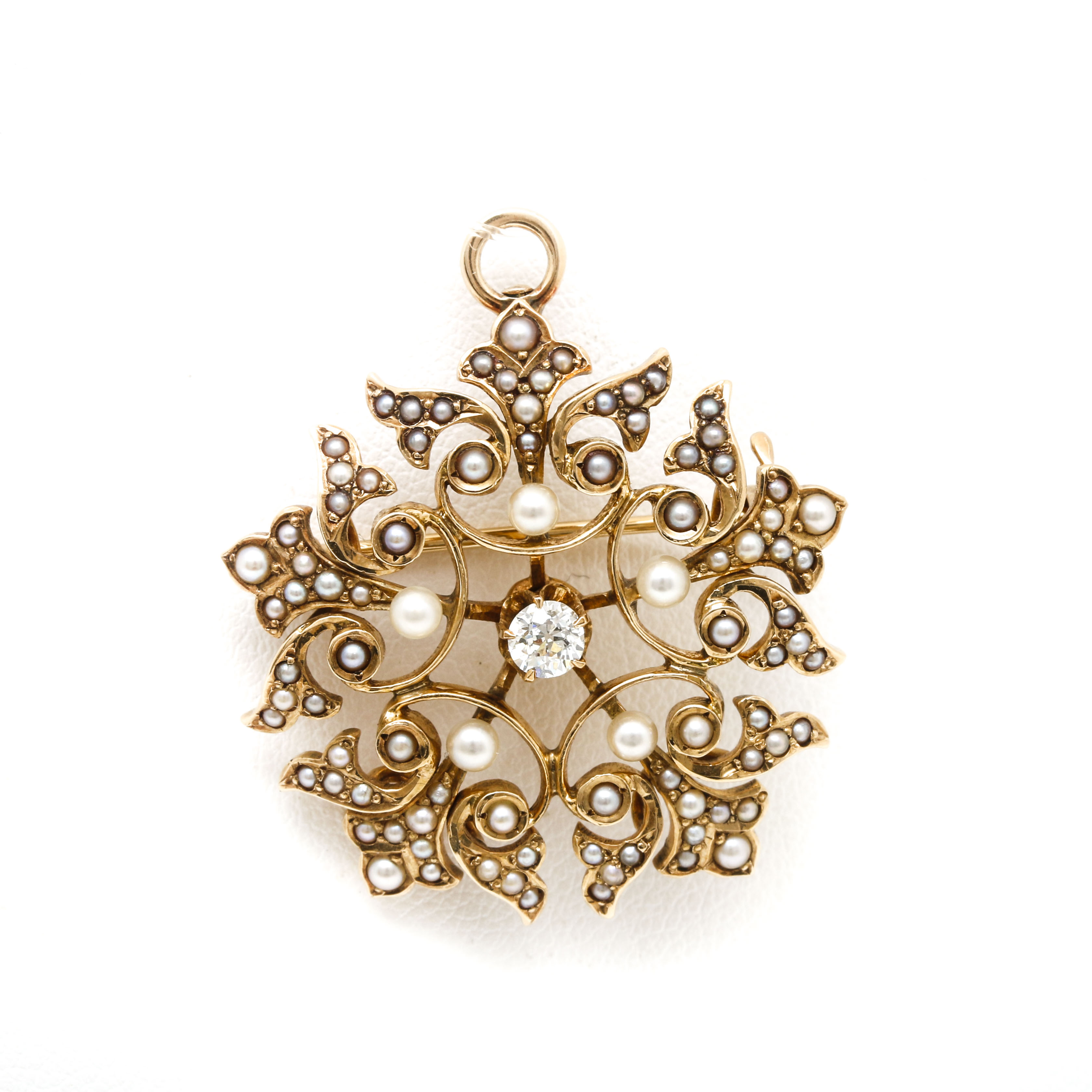 Circa 1900 14K Yellow Gold Diamond and Pearl Converter Brooch