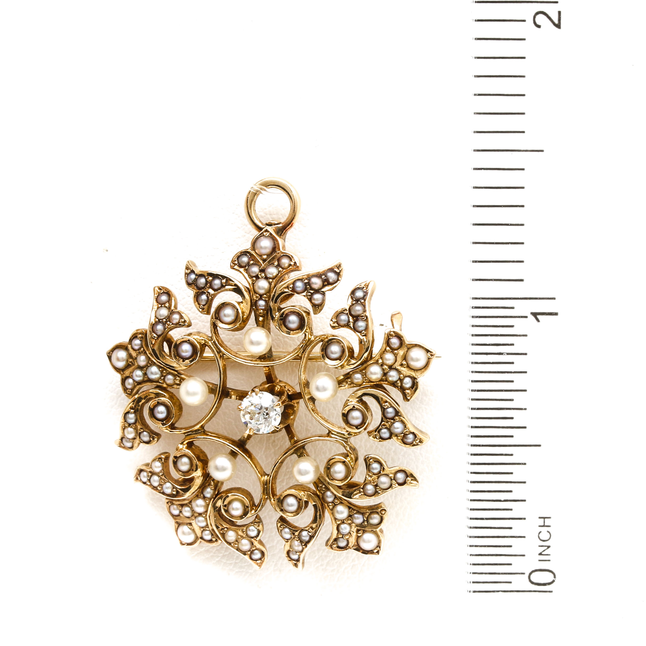 Circa 1900 14K Yellow Gold Diamond and Pearl Converter Brooch