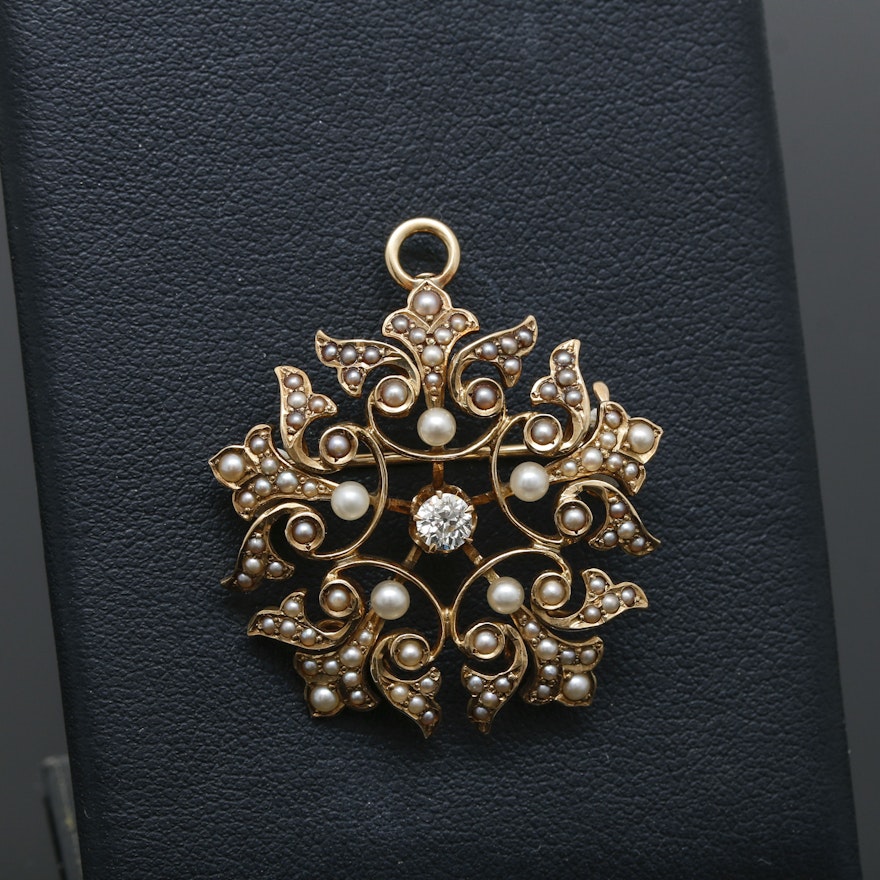 Circa 1900 14K Yellow Gold Diamond and Pearl Converter Brooch