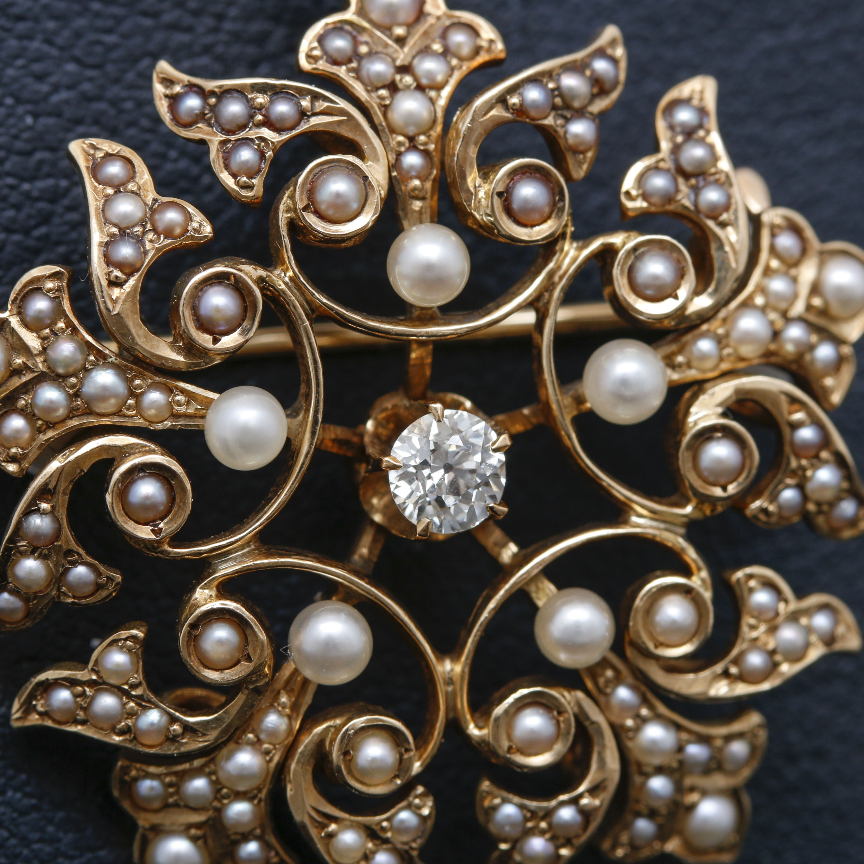 Circa 1900 14K Yellow Gold Diamond and Pearl Converter Brooch