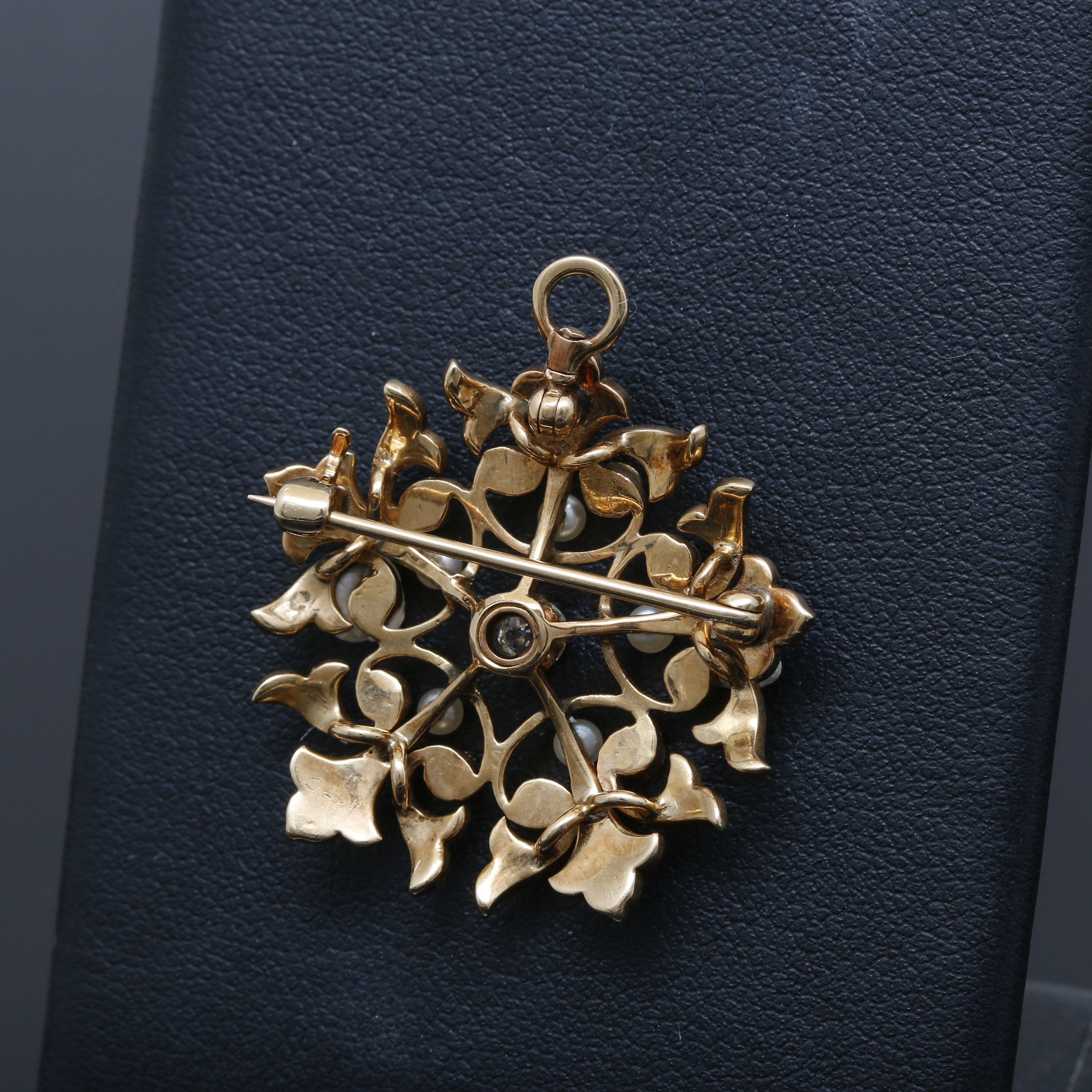 Circa 1900 14K Yellow Gold Diamond and Pearl Converter Brooch