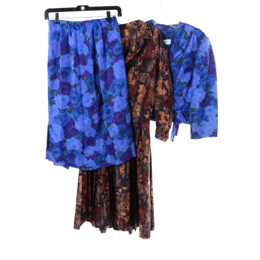 1950s Floral Amber Dress and Cobalt Blue Silk Skirt Suit