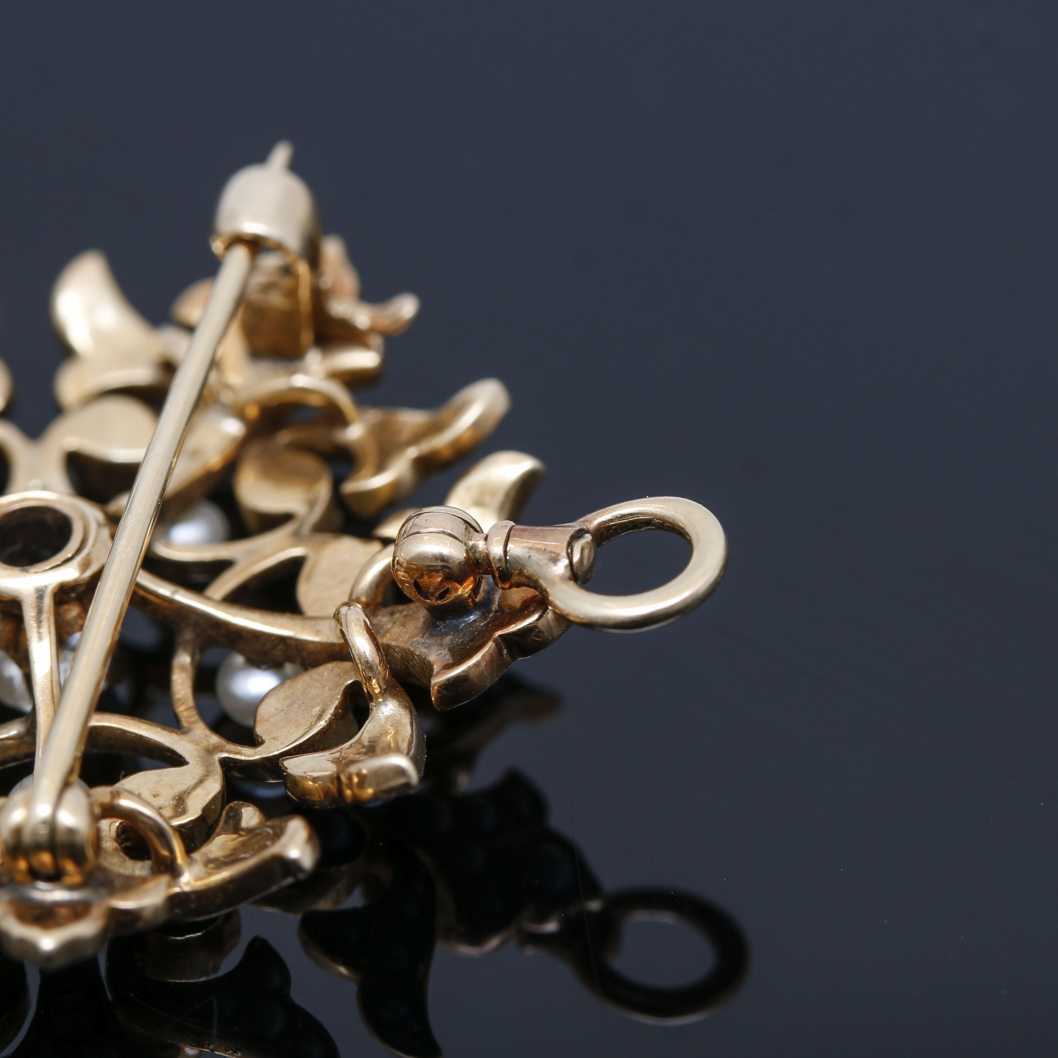 Circa 1900 14K Yellow Gold Diamond and Pearl Converter Brooch