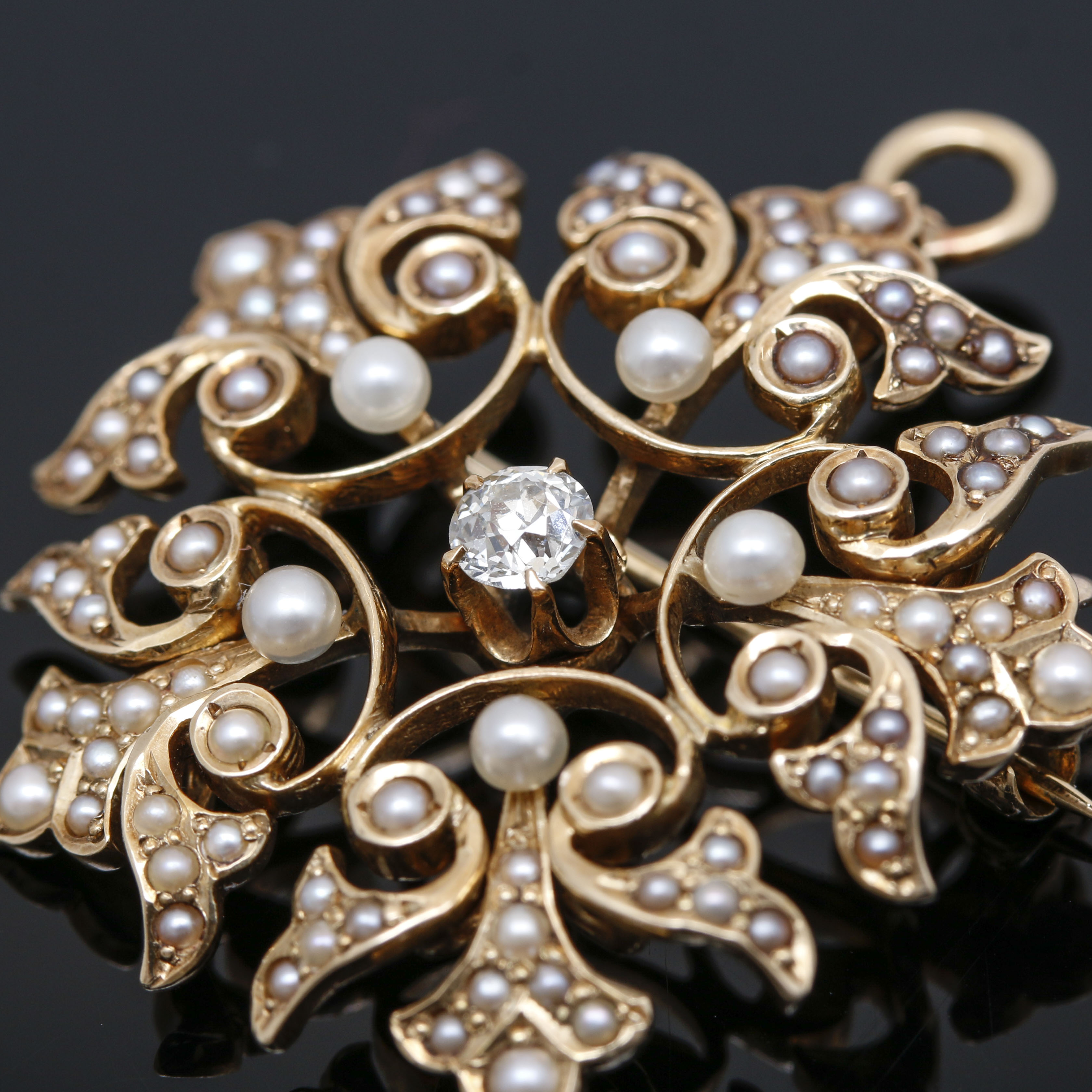 Circa 1900 14K Yellow Gold Diamond and Pearl Converter Brooch
