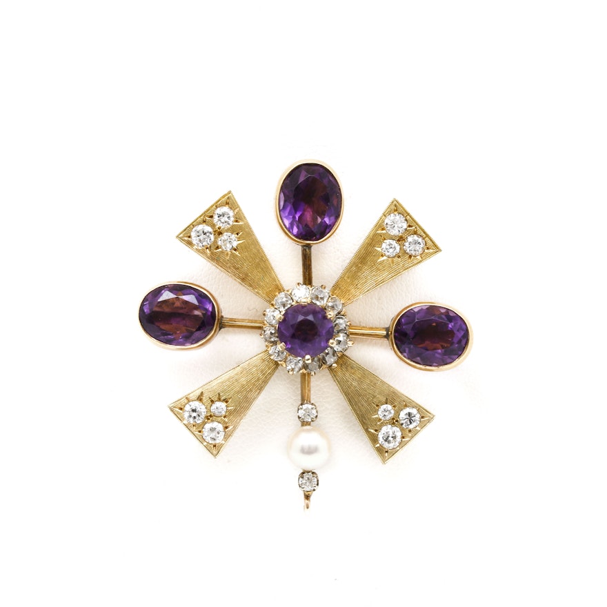 14K and 18K Yellow Gold Amethyst, 1.38 CTW Diamond, and Cultured Pearl Brooch