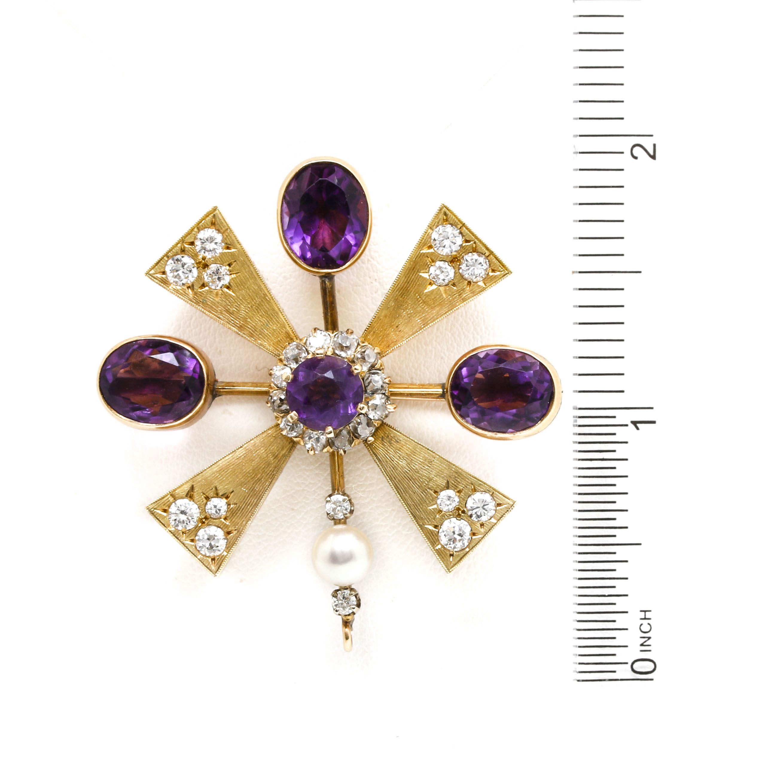 14K and 18K Yellow Gold Amethyst, 1.38 CTW Diamond, and Cultured Pearl Brooch