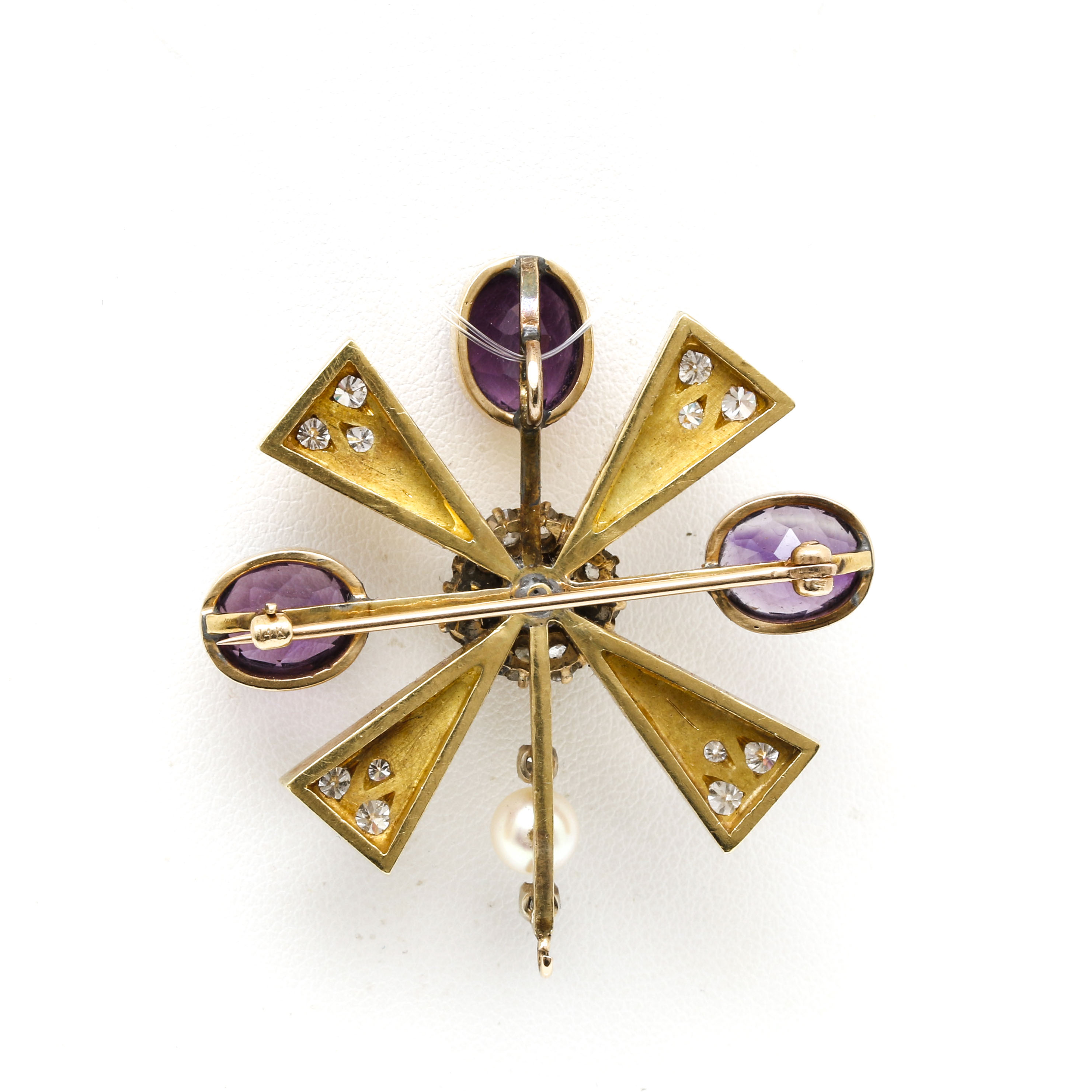 14K and 18K Yellow Gold Amethyst, 1.38 CTW Diamond, and Cultured Pearl Brooch