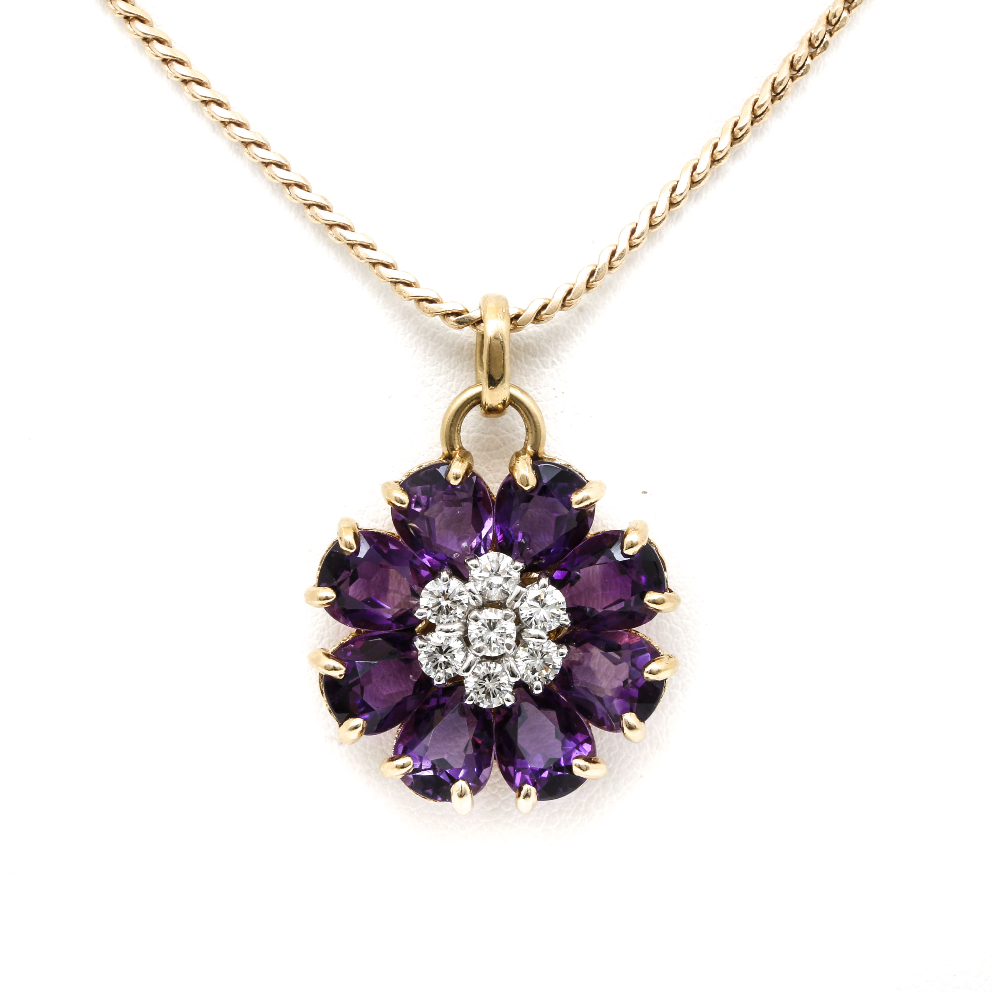 14K Yellow Gold Diamond and Amethyst Floral Necklace