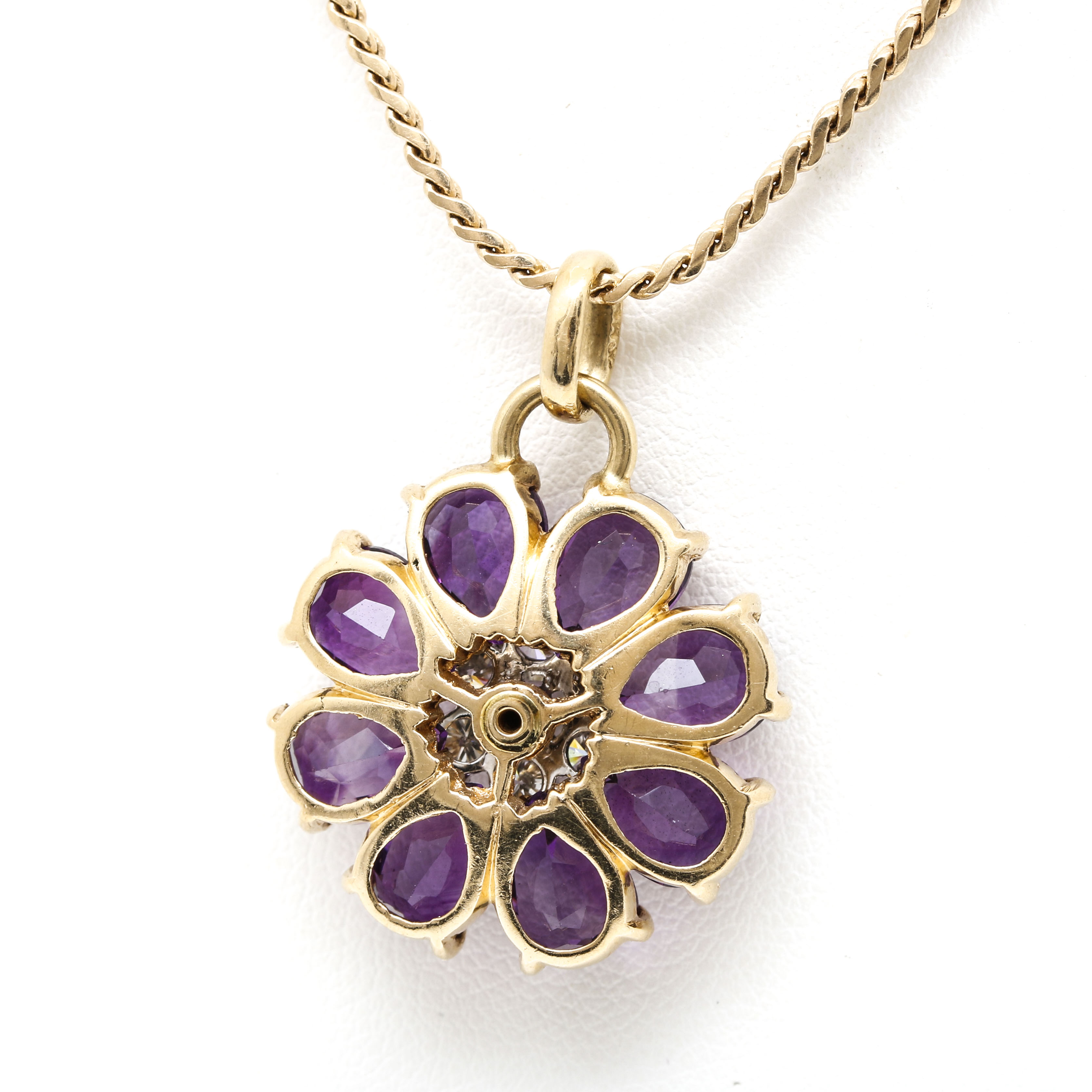 14K Yellow Gold Diamond and Amethyst Floral Necklace