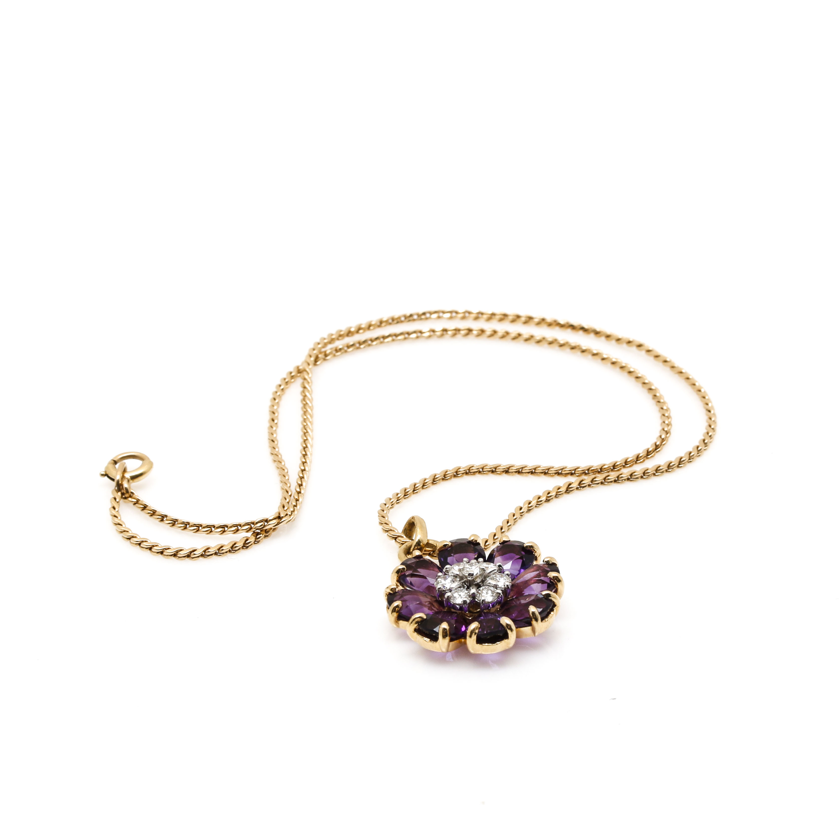 14K Yellow Gold Diamond and Amethyst Floral Necklace