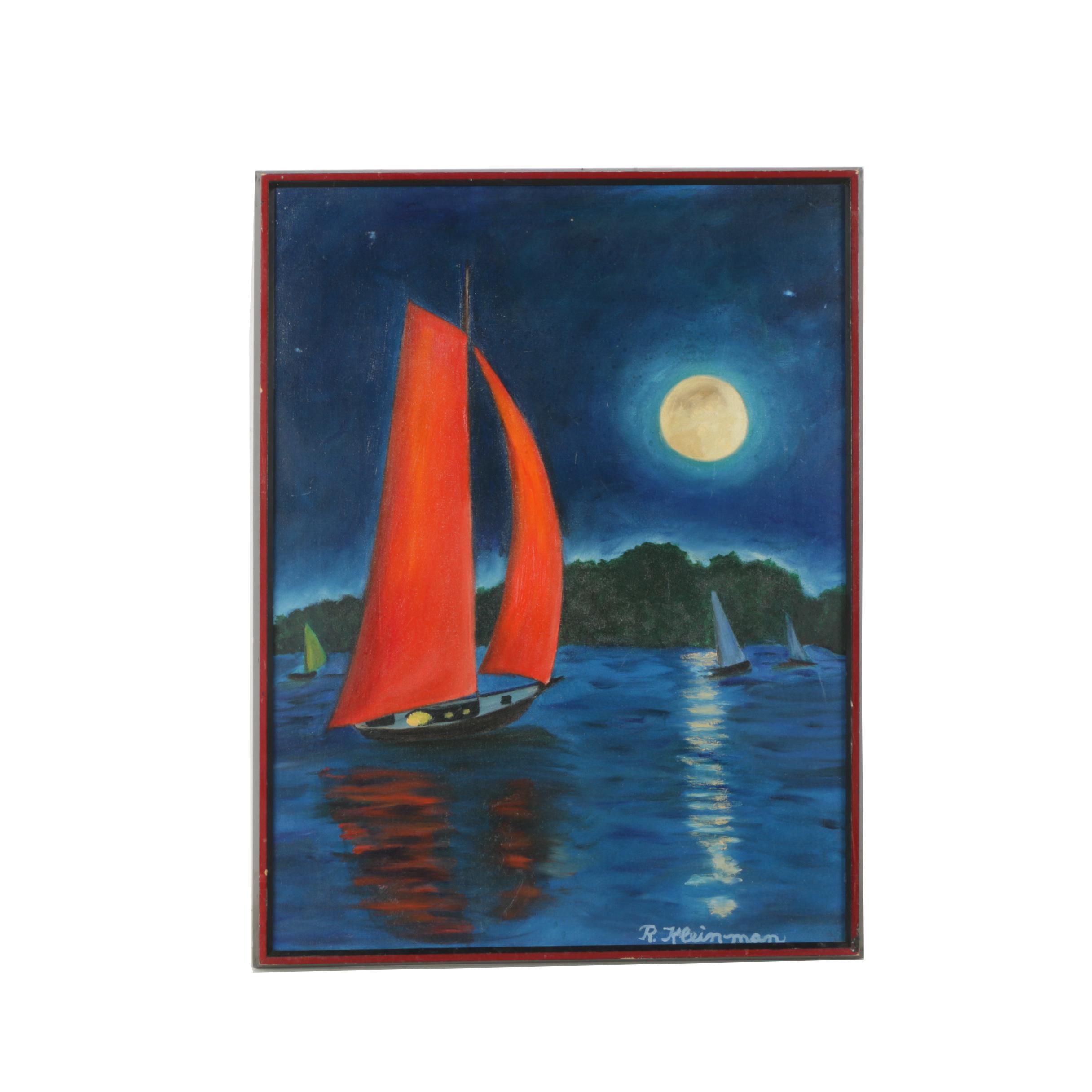 R. Kleinman Oil Painting of Sailboat at Night