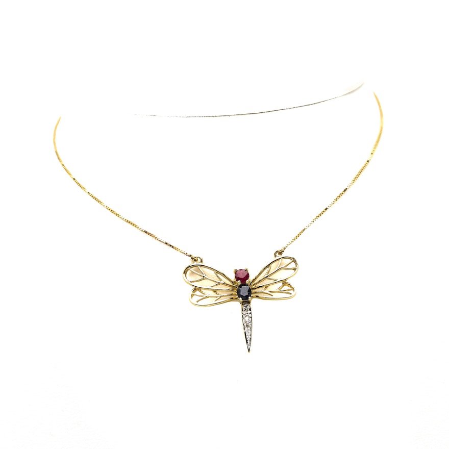 14K Yellow Gold Ruby, Sapphire and Diamond Dragonfly Necklace