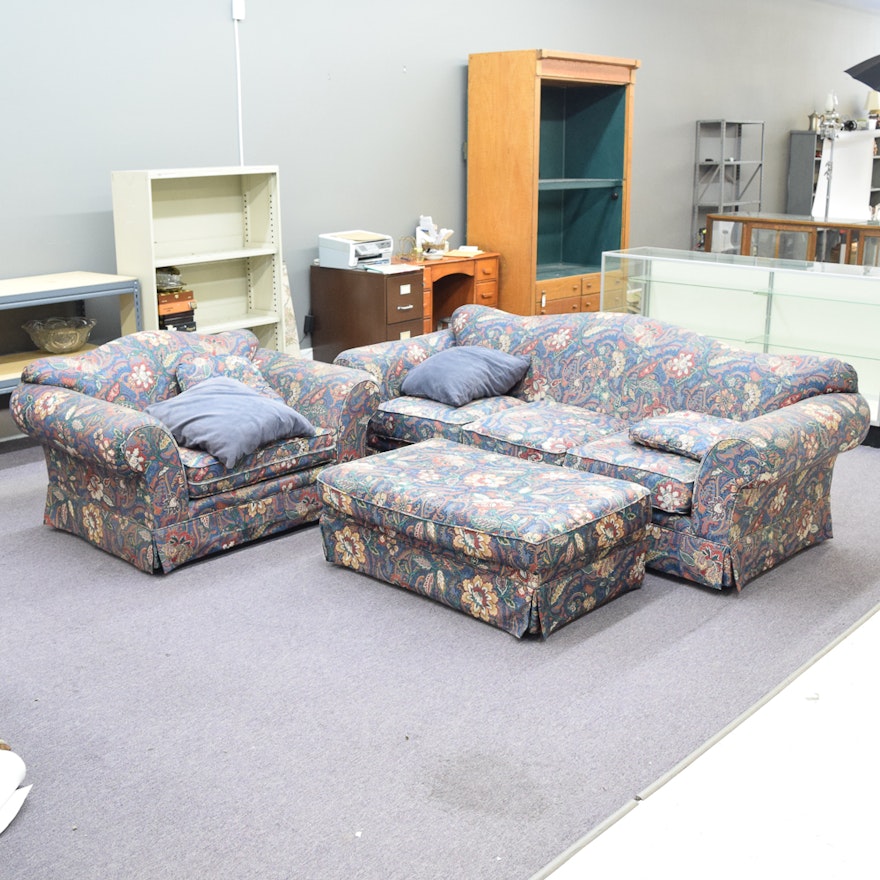 Floral Upholstered Sofa, Armchair and Ottoman