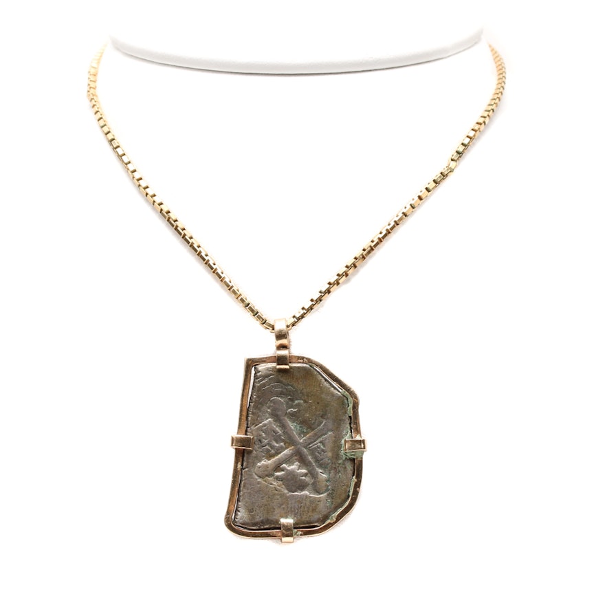 14K Yellow Gold Spanish 2 Reales Cob Coin Pendant Necklace