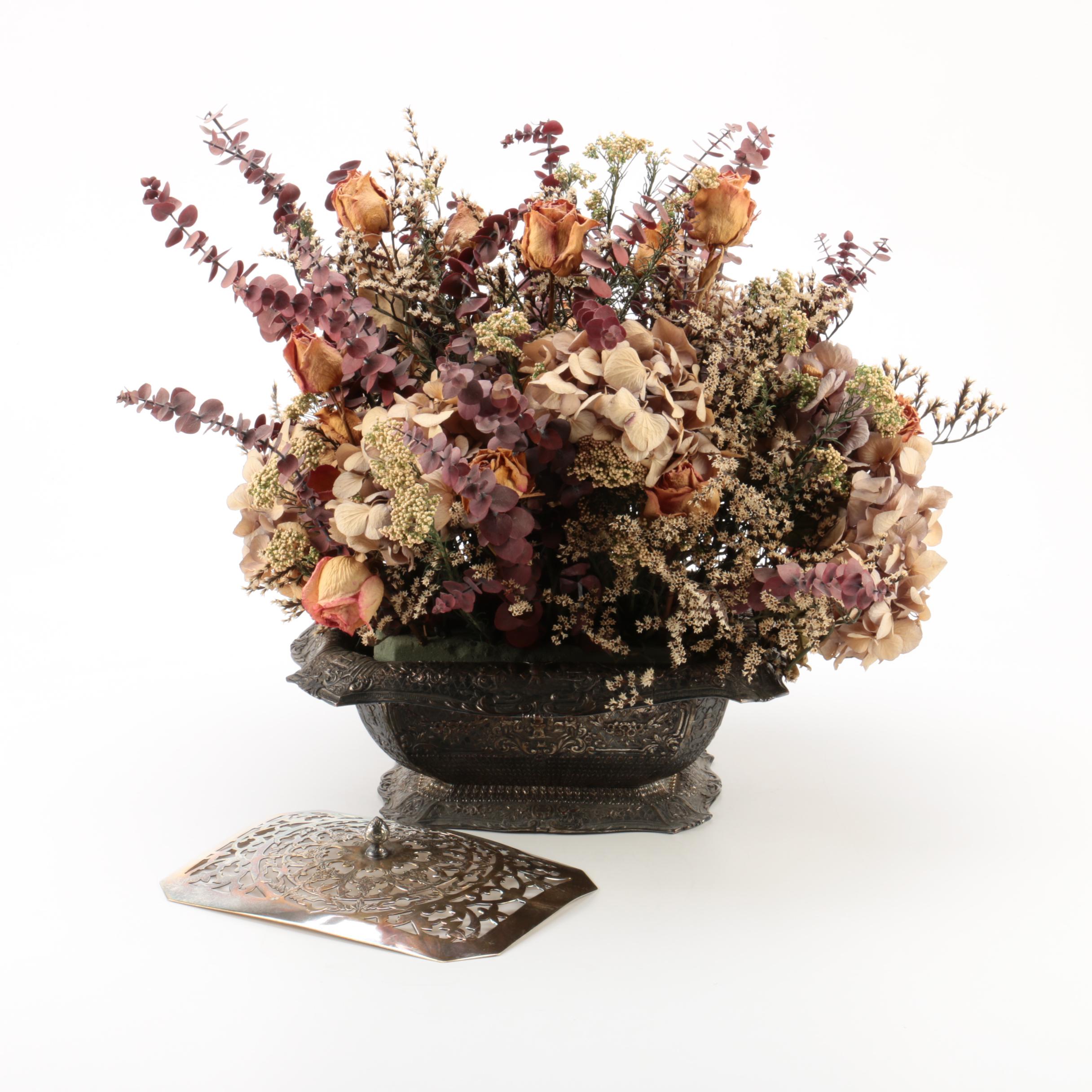 E.G. Webster & Son Silver Plate Flower Frog with Dried Floral Bouquet