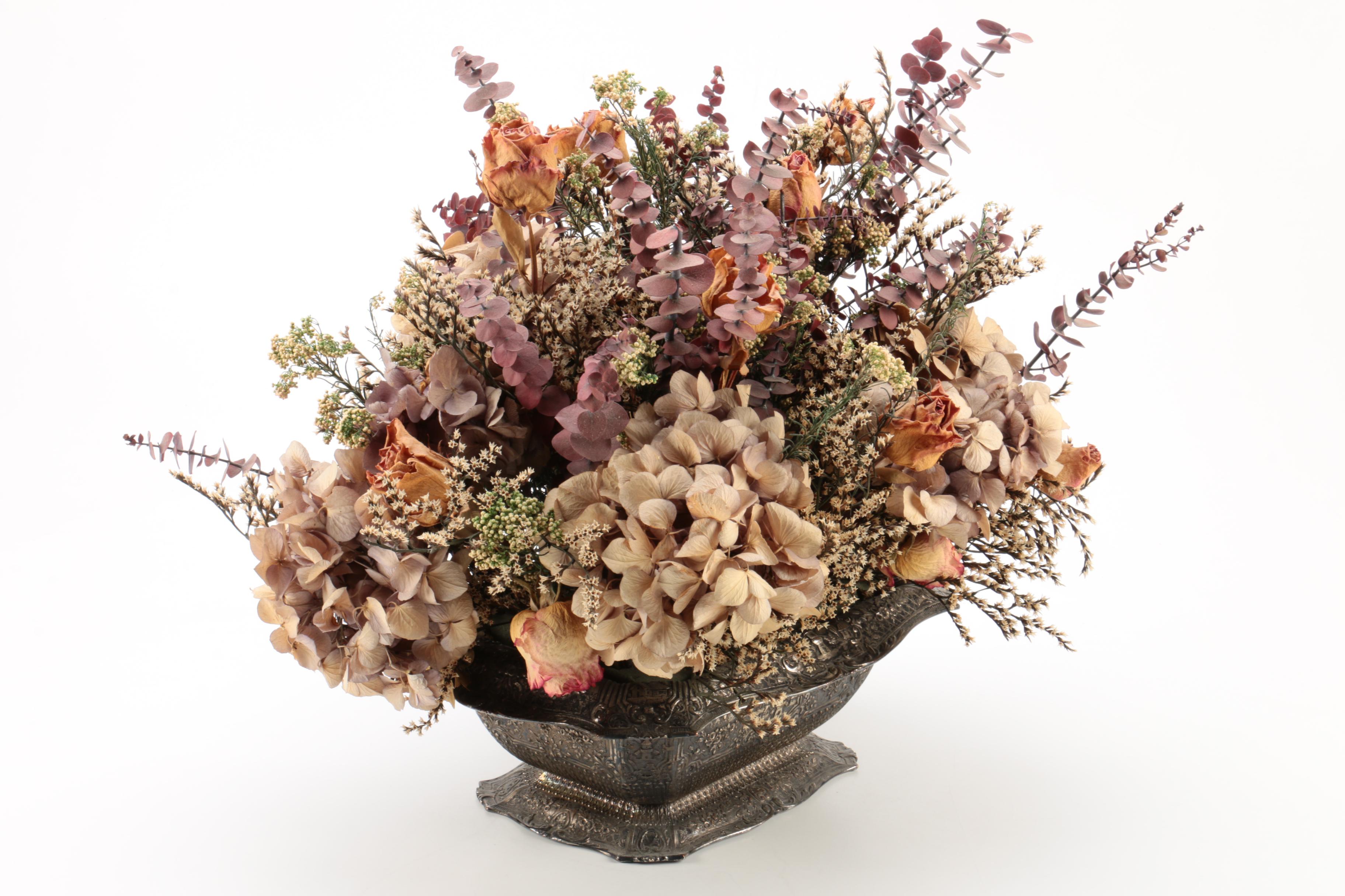 E.G. Webster & Son Silver Plate Flower Frog with Dried Floral Bouquet