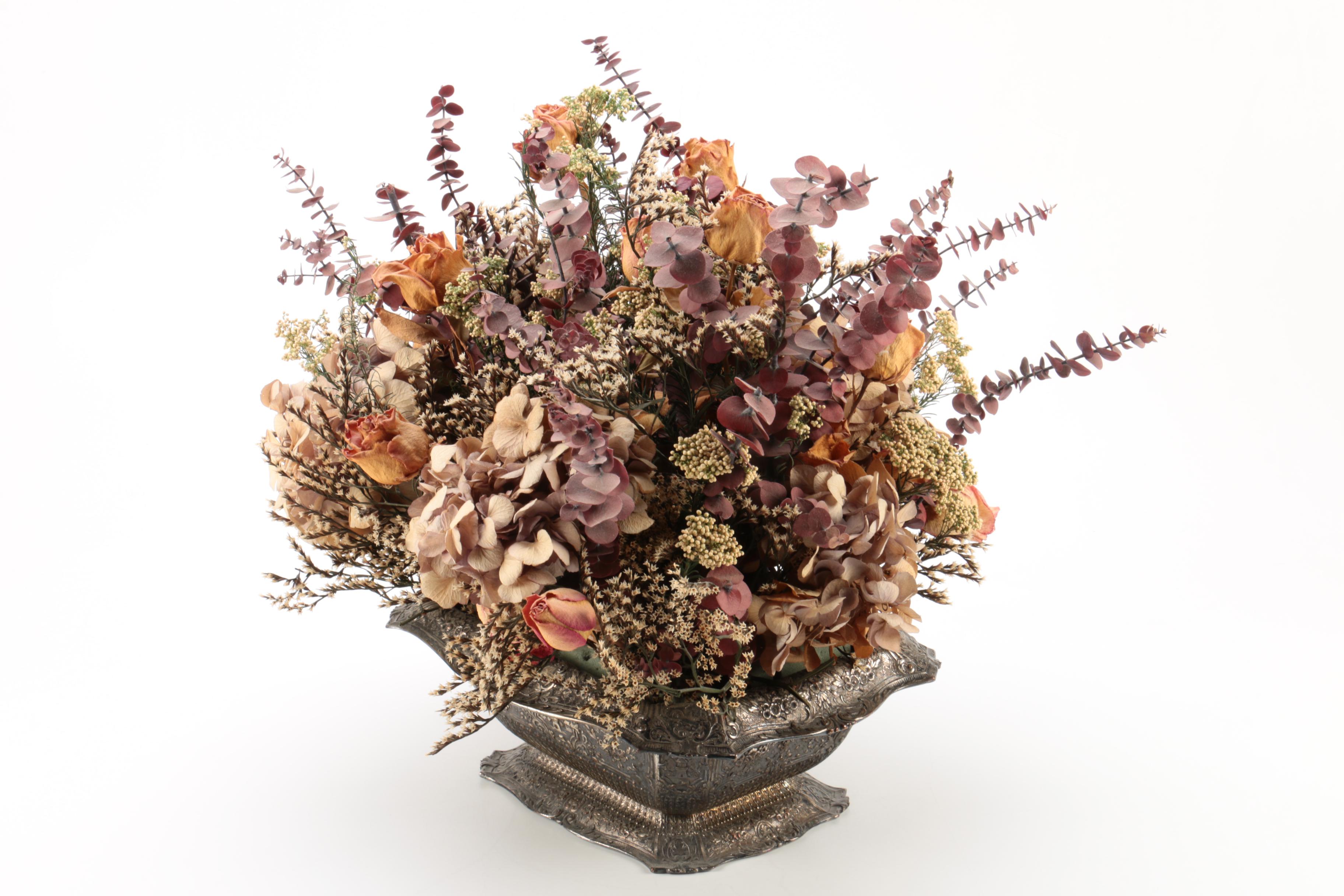 E.G. Webster & Son Silver Plate Flower Frog with Dried Floral Bouquet