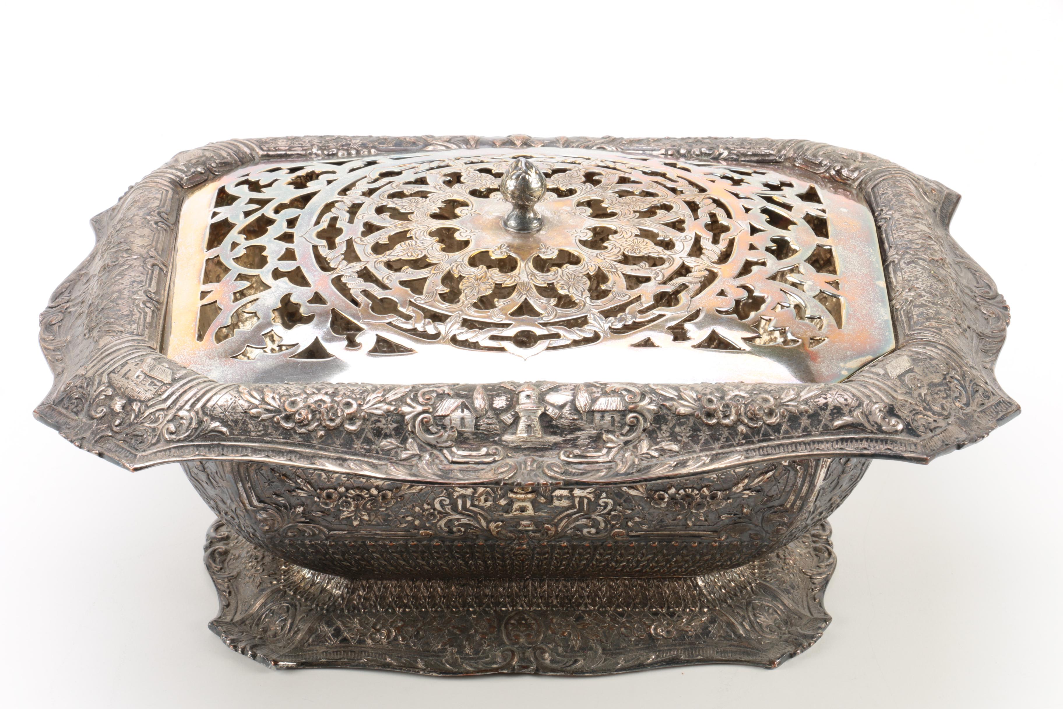 E.G. Webster & Son Silver Plate Flower Frog with Dried Floral Bouquet