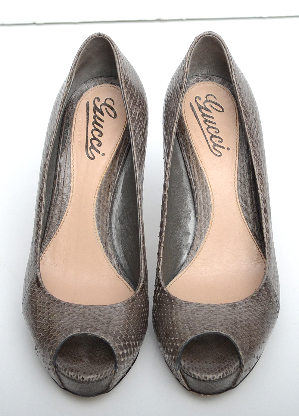 Ladies "Gucci" Peep Toe Platform Heels in Taupe Snakeskin