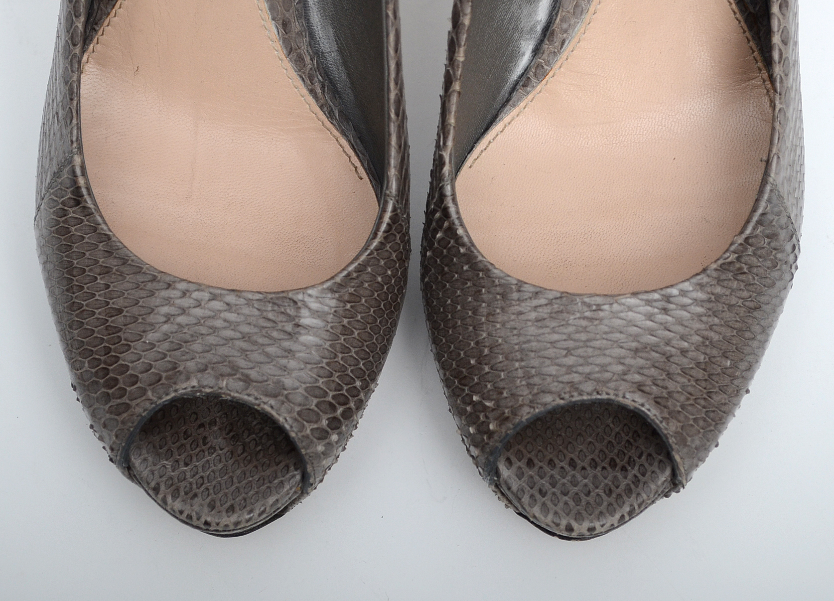 Ladies "Gucci" Peep Toe Platform Heels in Taupe Snakeskin