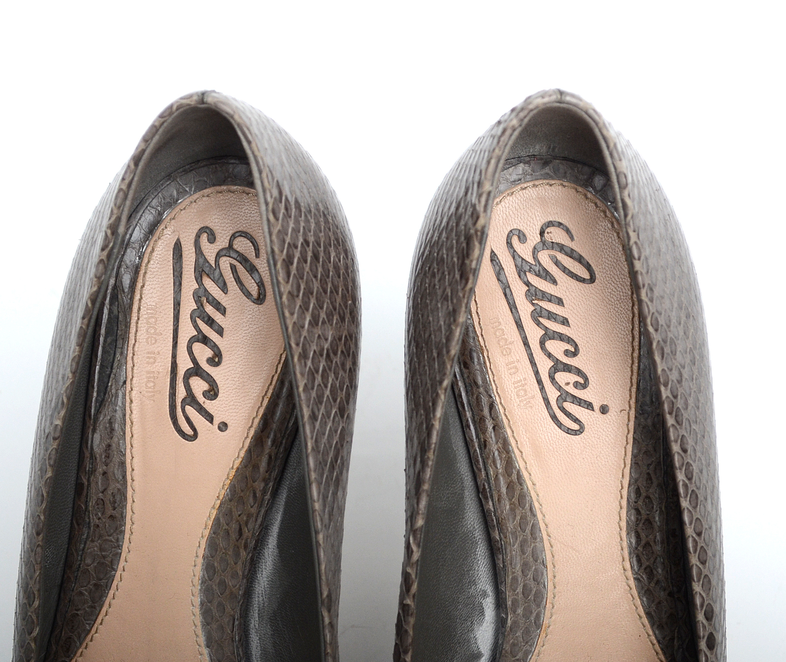 Ladies "Gucci" Peep Toe Platform Heels in Taupe Snakeskin