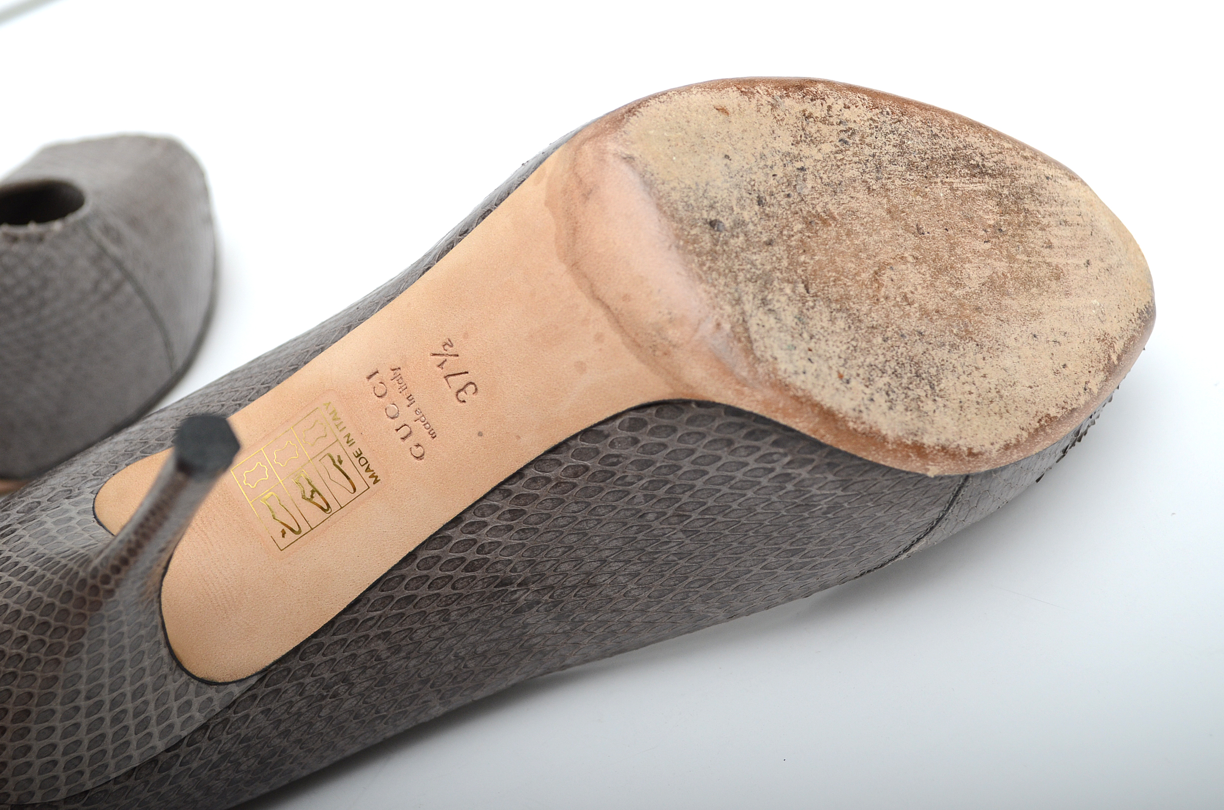 Ladies "Gucci" Peep Toe Platform Heels in Taupe Snakeskin