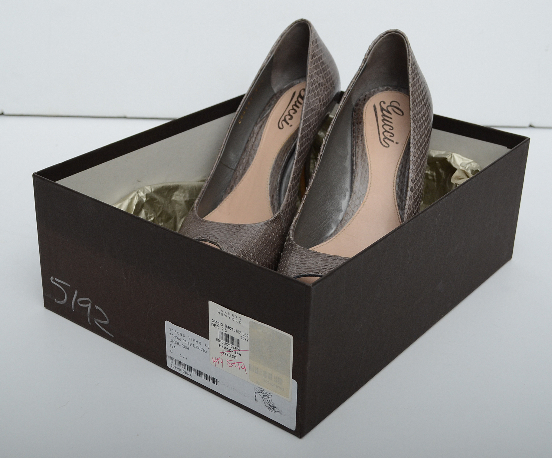 Ladies "Gucci" Peep Toe Platform Heels in Taupe Snakeskin