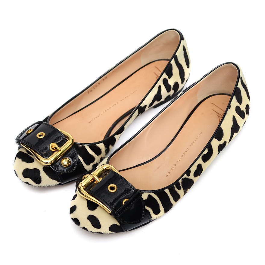 Ladies Guiseppe Zanotti Printed Pony Hair Flats with Black Patent Buckle