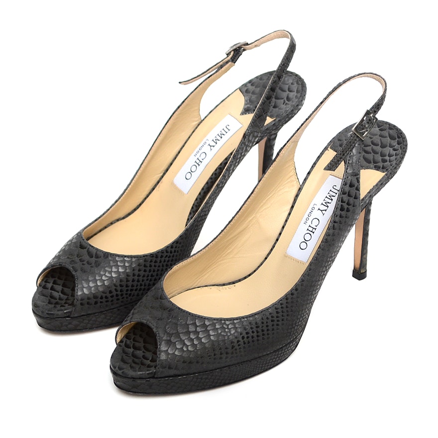 Jimmy Choo Platform Peep Toe Heels in Gray Shadow Printed Leather