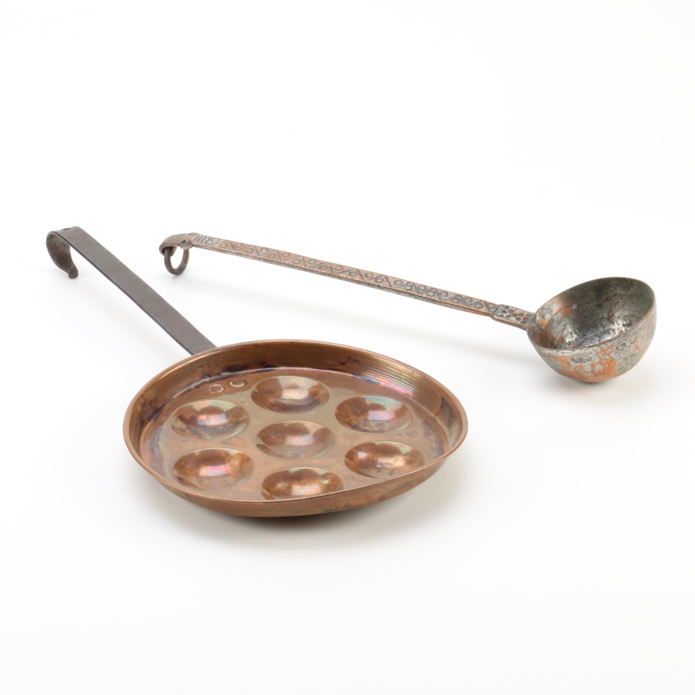 Antique Copper Escargot Pan and Metal Ladle