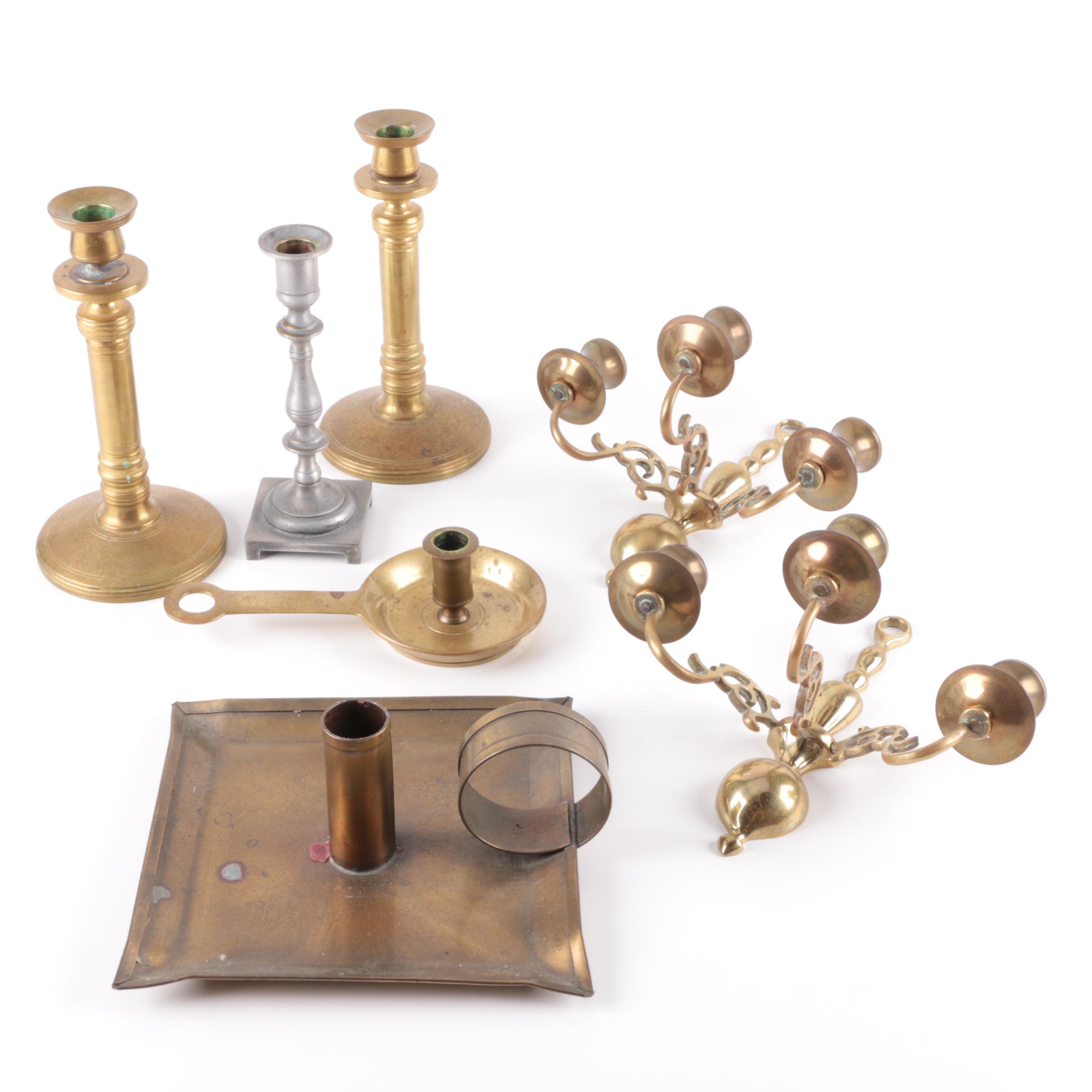 Vintage Brass and Metal Candlesticks including Push Up Style and Sconces