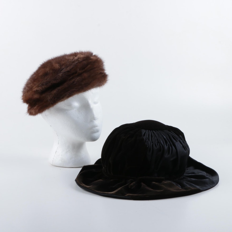 Vintage Gus Meyer Mink Fur Hat and Ruched Velvet Hat Saks Fifth Avenue Millinery