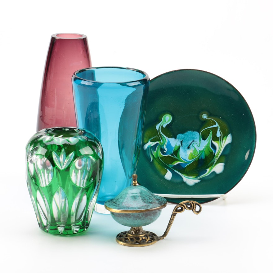 Glass Vases, Mid Century Oppenheim Enameled Bowl and Glass Plate