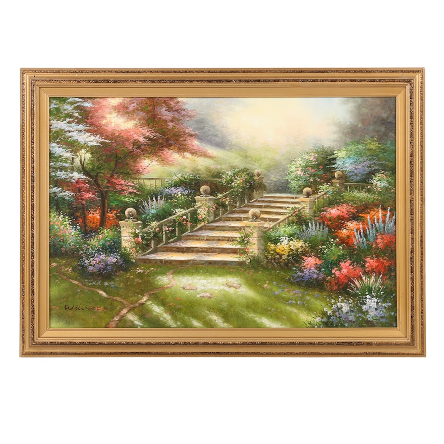 William Oil Painting of Idyllic Garden Scene